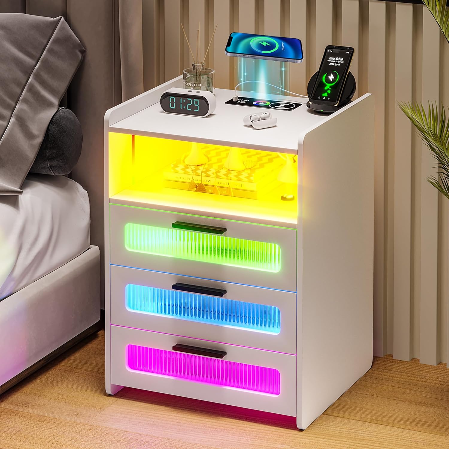 HNEBC LED Nightstand with Wireless Charging Station and 3