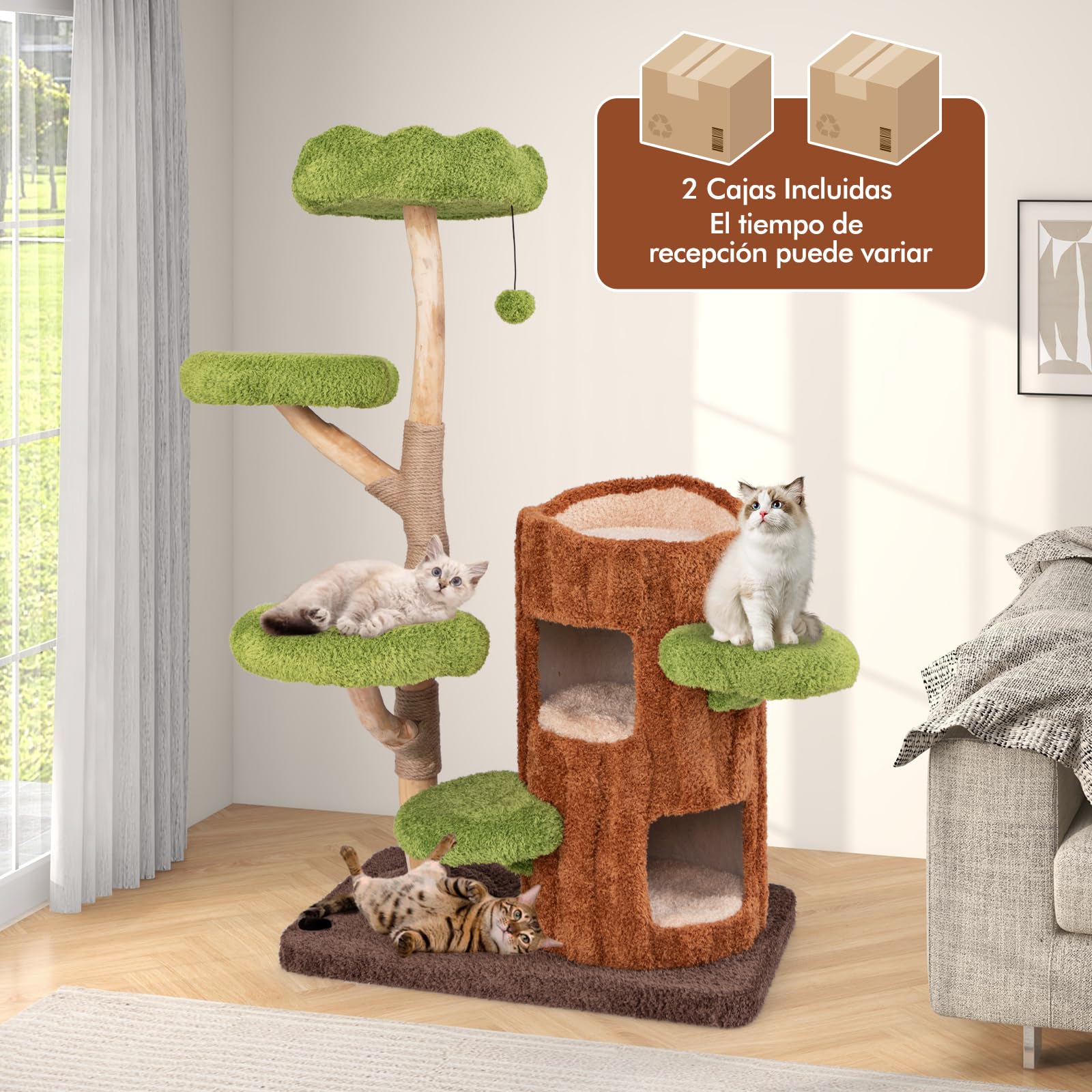 COSTWAY Árbol para Gatos, 141 cm Rascador para Gatos con Postes de Rascado y Panel de Sisal, Perchero Superior y 4 Plataformas Redondas, Juguete Colgante, Muebles para Gatos de Madera Natural