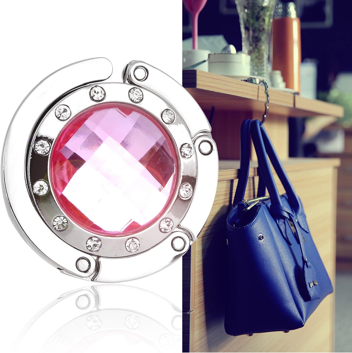 Bingsale® Lady Bag Light Pink Crystal Surrounded By Diamonds Foldup Hand Bag Purse Hook Hanger Holder
