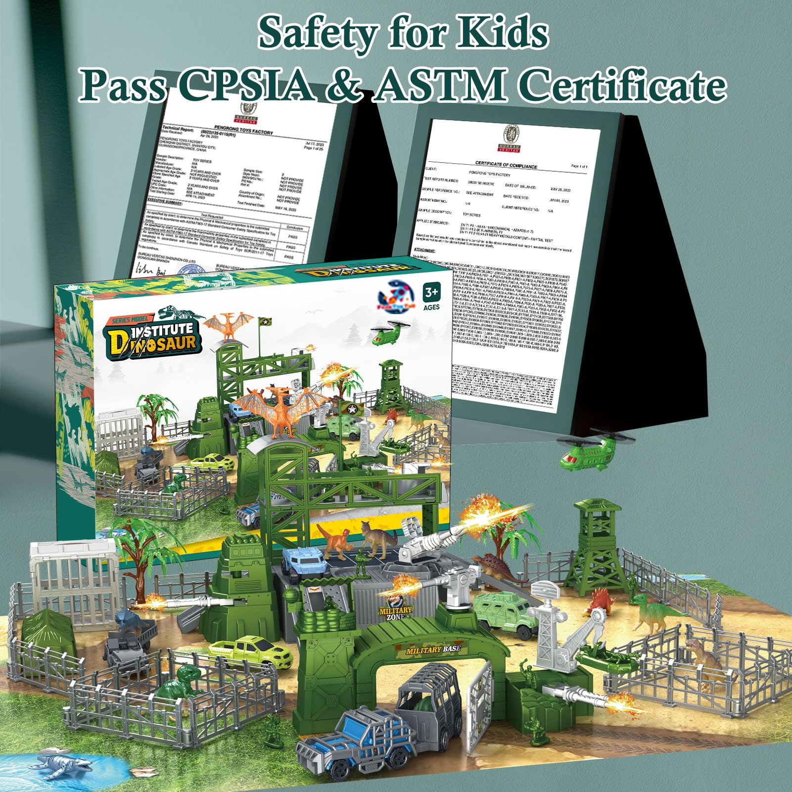 Juego de juguetes de base militar con vehículos y dinosaurio, incluye tapete de juego, avión, helicóptero, mini figuras de soldados, regalo de cumpleaños para niños a partir de 3 años 9