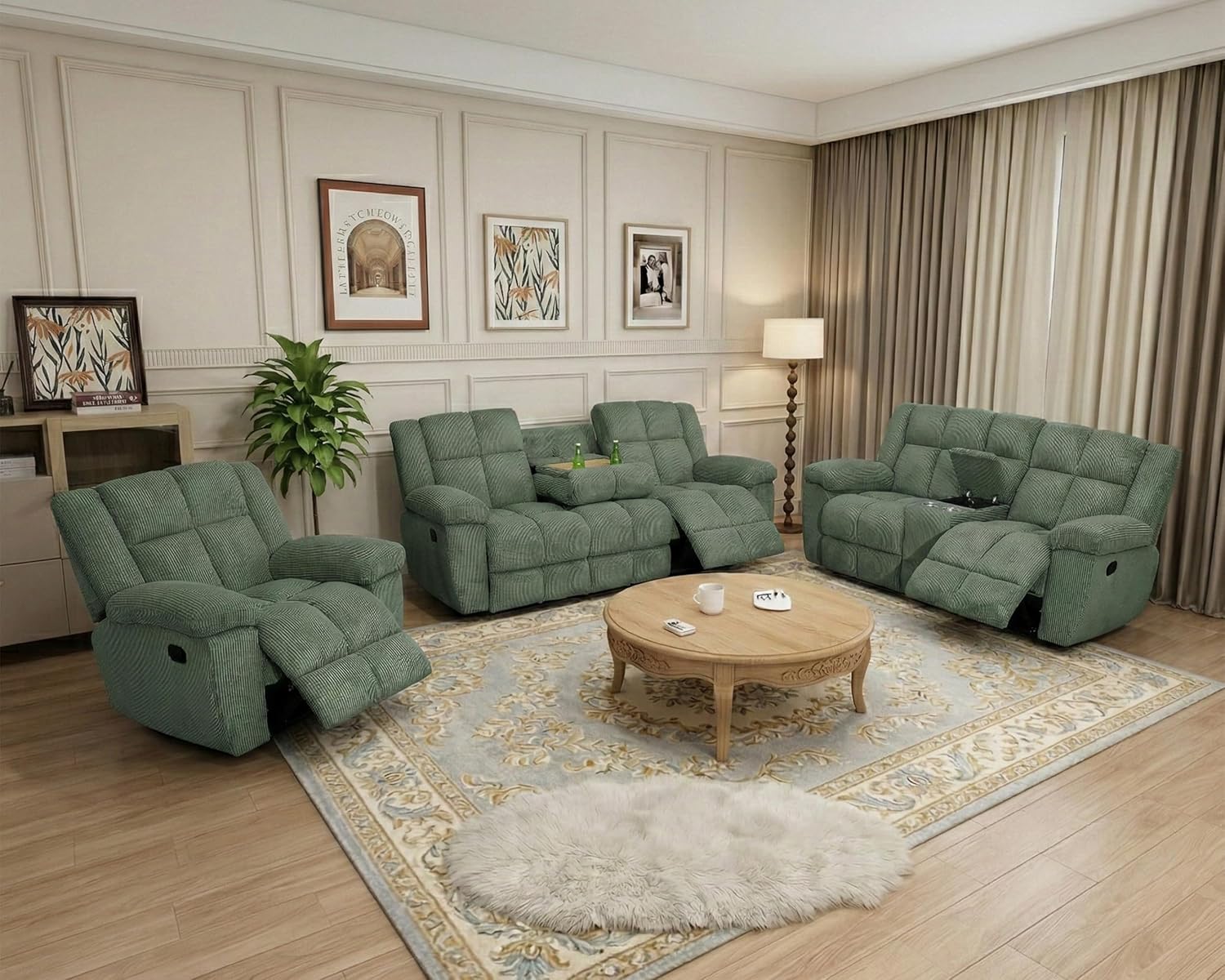 3 Pieces Recliner Sofa Furniture Set, Mauanl Reclining Sofa Couch and Chair, Recliner Couch Set Corduroy Fabric with Cup Holders/Storage Console (Green)