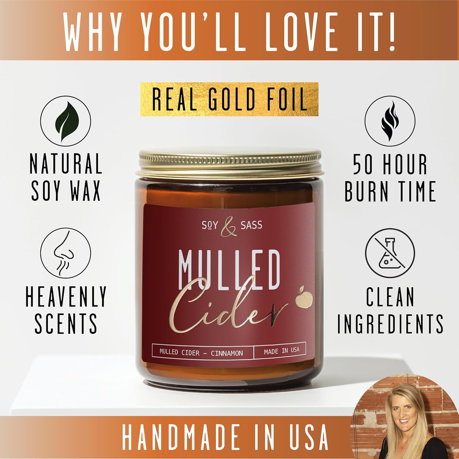 Mulled Cider Candle, Fall Candles I Apple Cider Candle w/Cinnamon & Nutmeg - Infused w/Essential Oils I Mulled Cider Fall Scented Candles (Soy) for Home I 9oz Reusable Jar I 50Hr Burn I Made in USA
