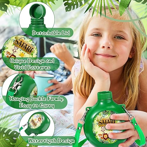 Miniatura 4 de Cantinas para niños con correas, color verde militar y calcomanías de safari, botellas de agua reutilizables de plástico de 10 onzas, vasos a granel