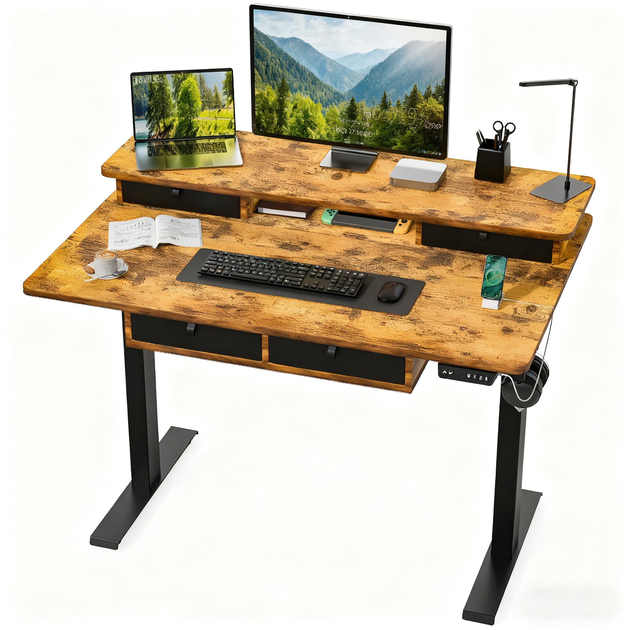 AdGiGi Standing Desk with Fast Charging USB Ports, 48" x 30" Width Worktop Desk, 4 Drawers Ergonomic Sit Stand Desk for Home Office Work, Cable
