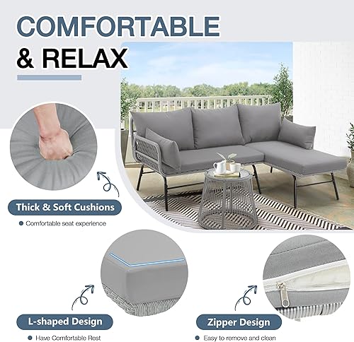 Miniatura 4 de EROMMY Juego de 3 piezas de muebles de patio estilo bohemio, juego seccional en forma de L con sofá, cojines gruesos y mesa de centro de vidrio