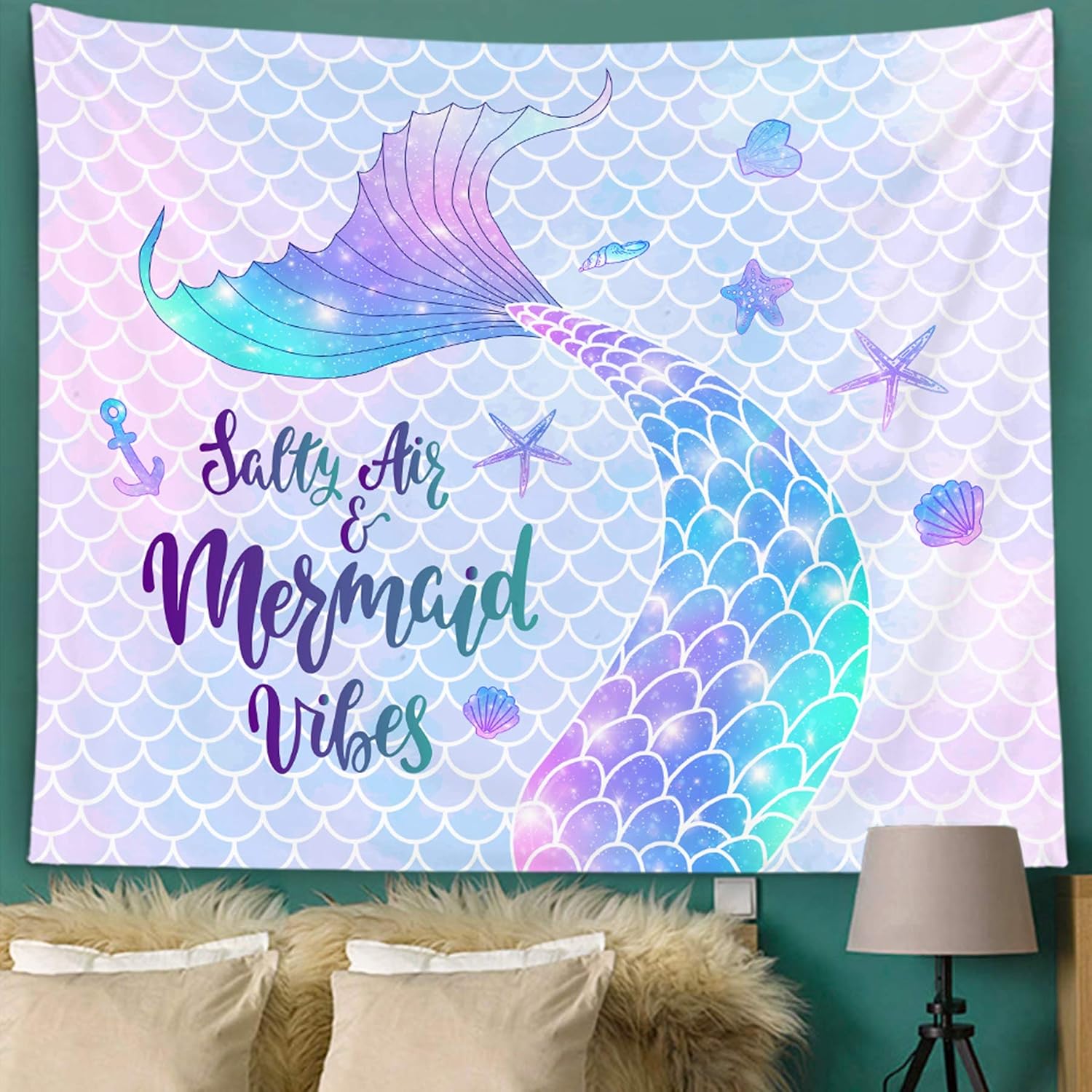 Bonsai Tree Mermaid Tapestry, Mermaid Tail Scales Small Womens Tapestry Wall Hanging, Summer Beach Glitter Pink Purple Wall Tapestries for Bedroom College Home Decorations, 51”x59”