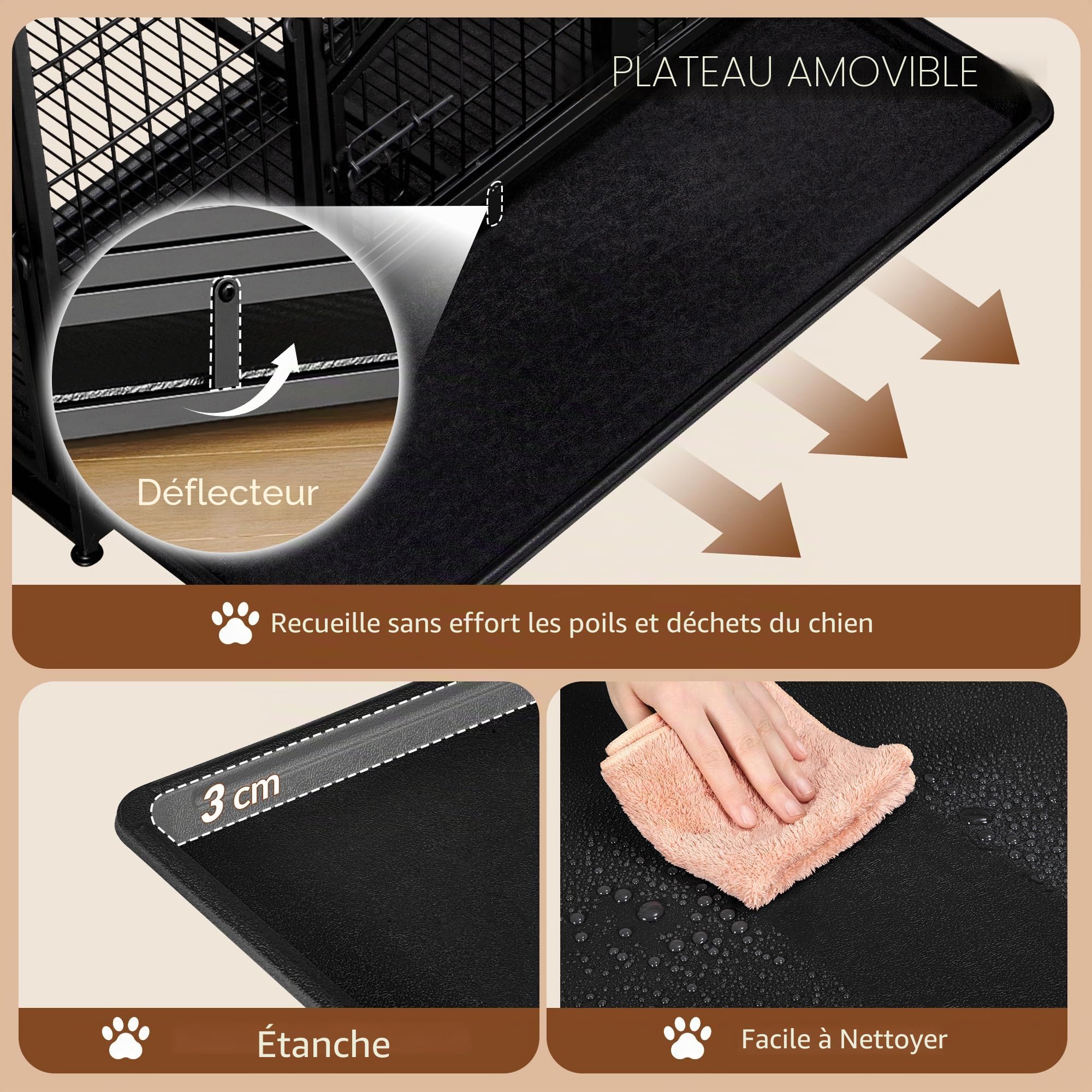 Cage pour Chien Lourd, XL Cage pour Chien Métal avec Porte Latérale et Plateau Amovible, Facile à Nettoyer, 4 Portes Caisse pour Animaux, Caisse Chien Intérieur, Noir, 107 x 70 x 75 cm