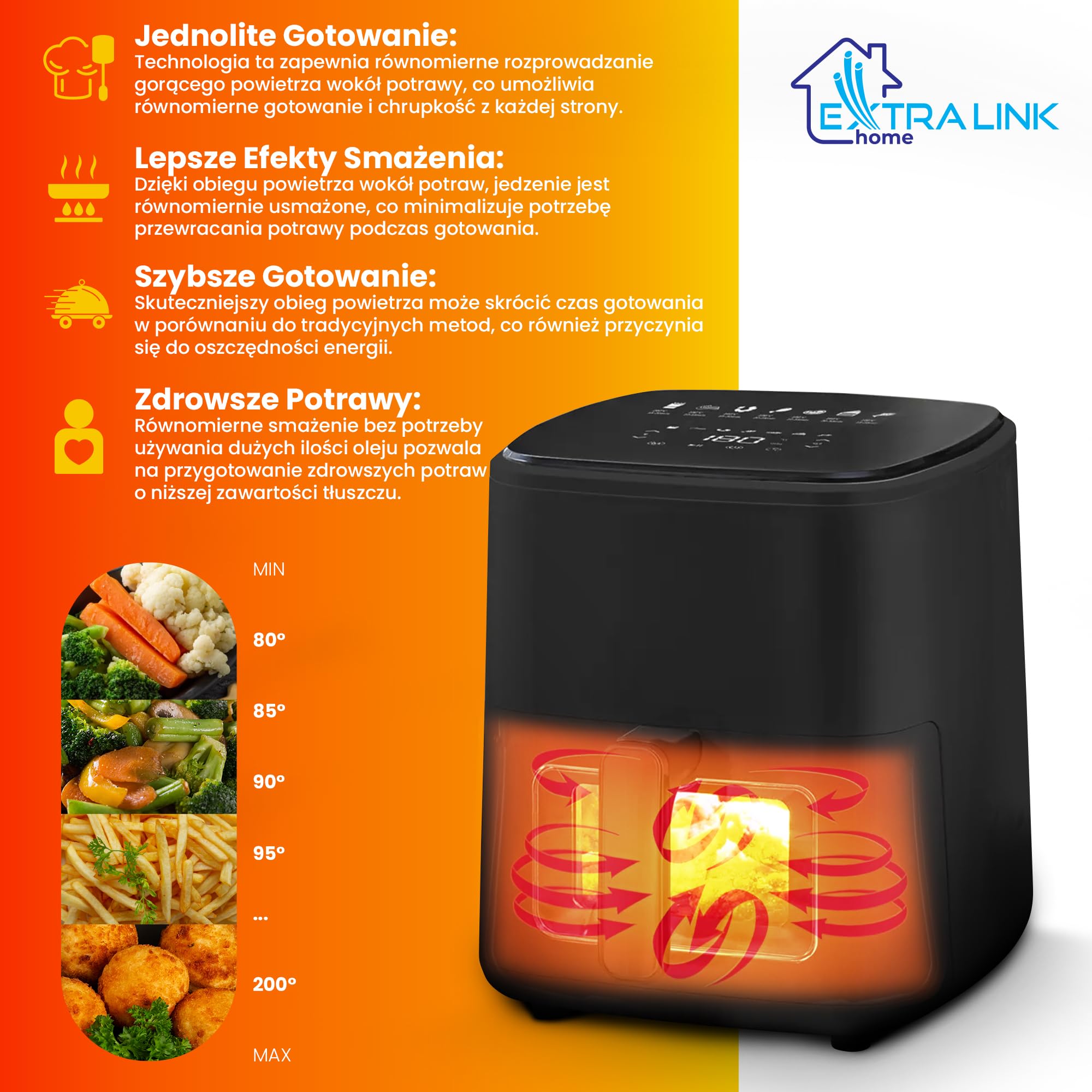 Extralink 1500W Airfryer 5L – Frytkownica beztłuszczowa z 7 funkcjami gotowania, frytownica, od 80°C do 200°C, energooszczędna, ekran dotykowy LED, 90% mniej tłuszczu dla zdrowych posiłków