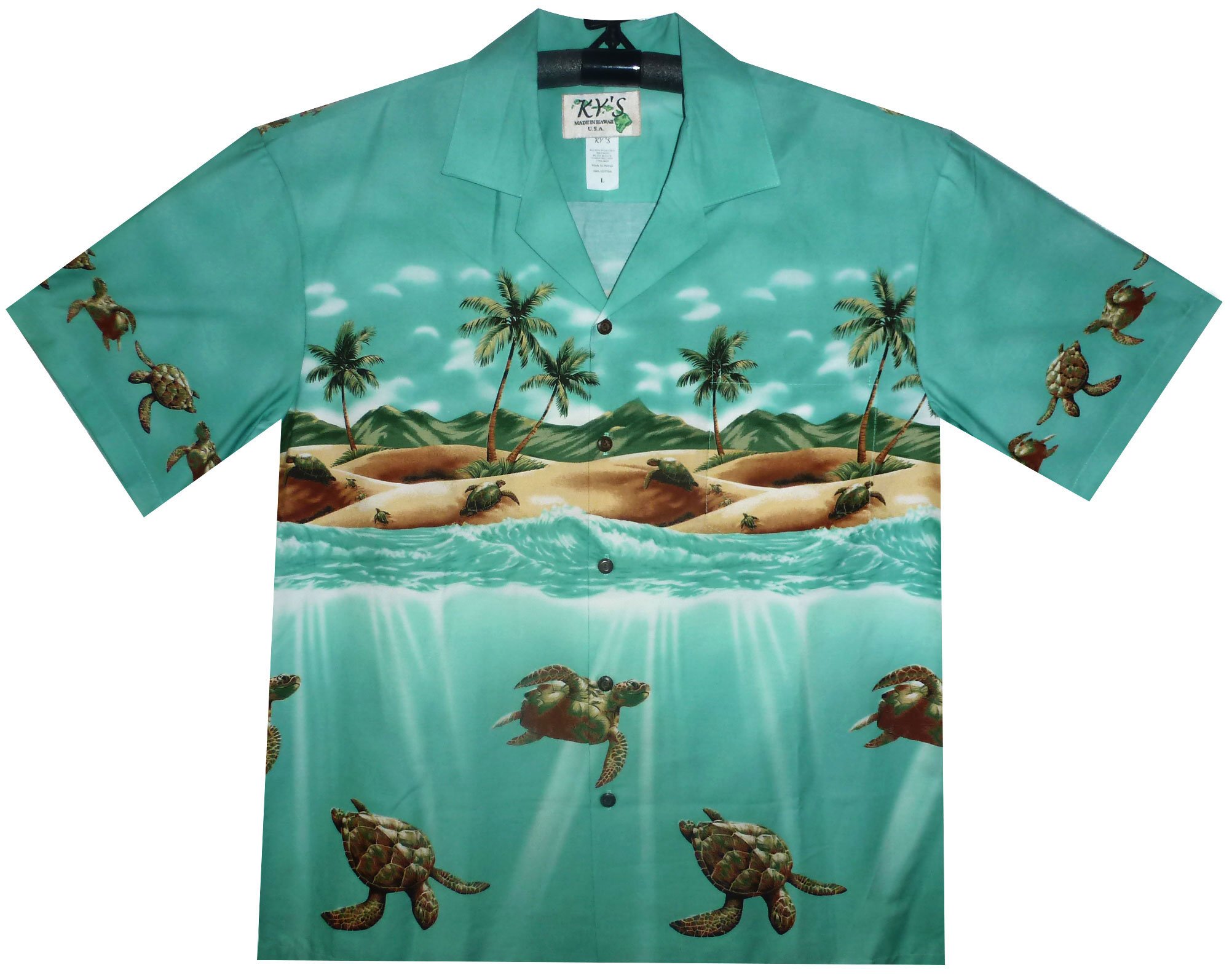 KY‘s | Original Camicia Hawaiana | Signori | S - 4XL | Maniche Corte | Tasca Frontale | Hawaii Stampa | Tartarughe | Verde