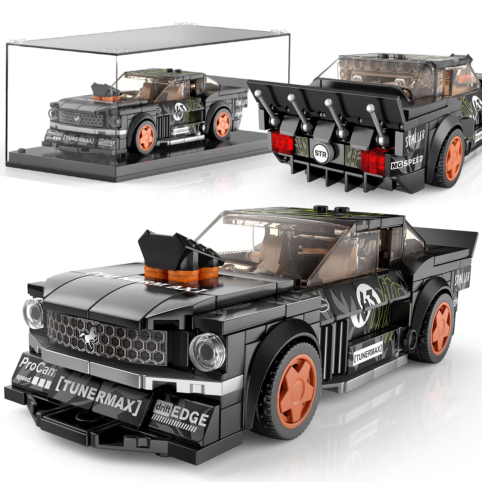 Mould King Speed Champion Auto Serie Bausteine mit Acrylvitrine, Technik 27024 Rennwagen Sportwagen Bauspielzeug, sammelbares Modellauto，Klemmbausteine Rennauto Bausätze für Kinder (490 Teile).