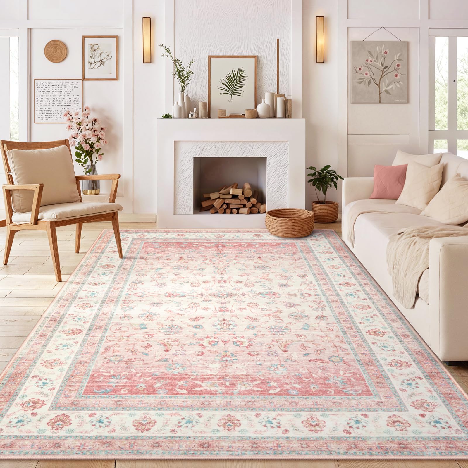 livebox pink area rug for living room, 8x10 feet soft washable boho floral area rugs, non slip stain resistant large rug for nursery, bedroom, dining room, farmhouse