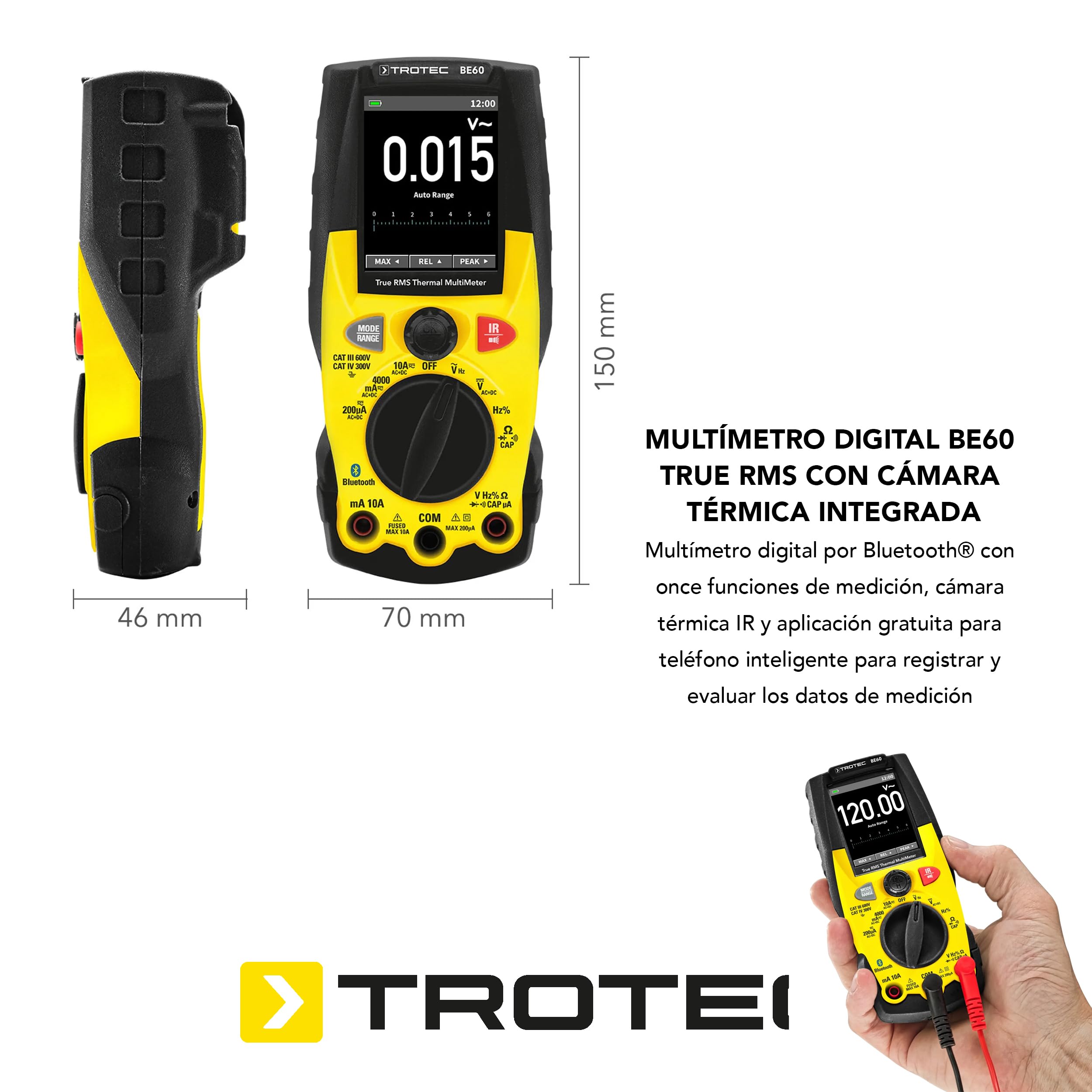 TROTEC Multímetro digital True RMS con cámara termográfica integrada BE60 | once funciones de medición aplicación para smartphone Bluetooth