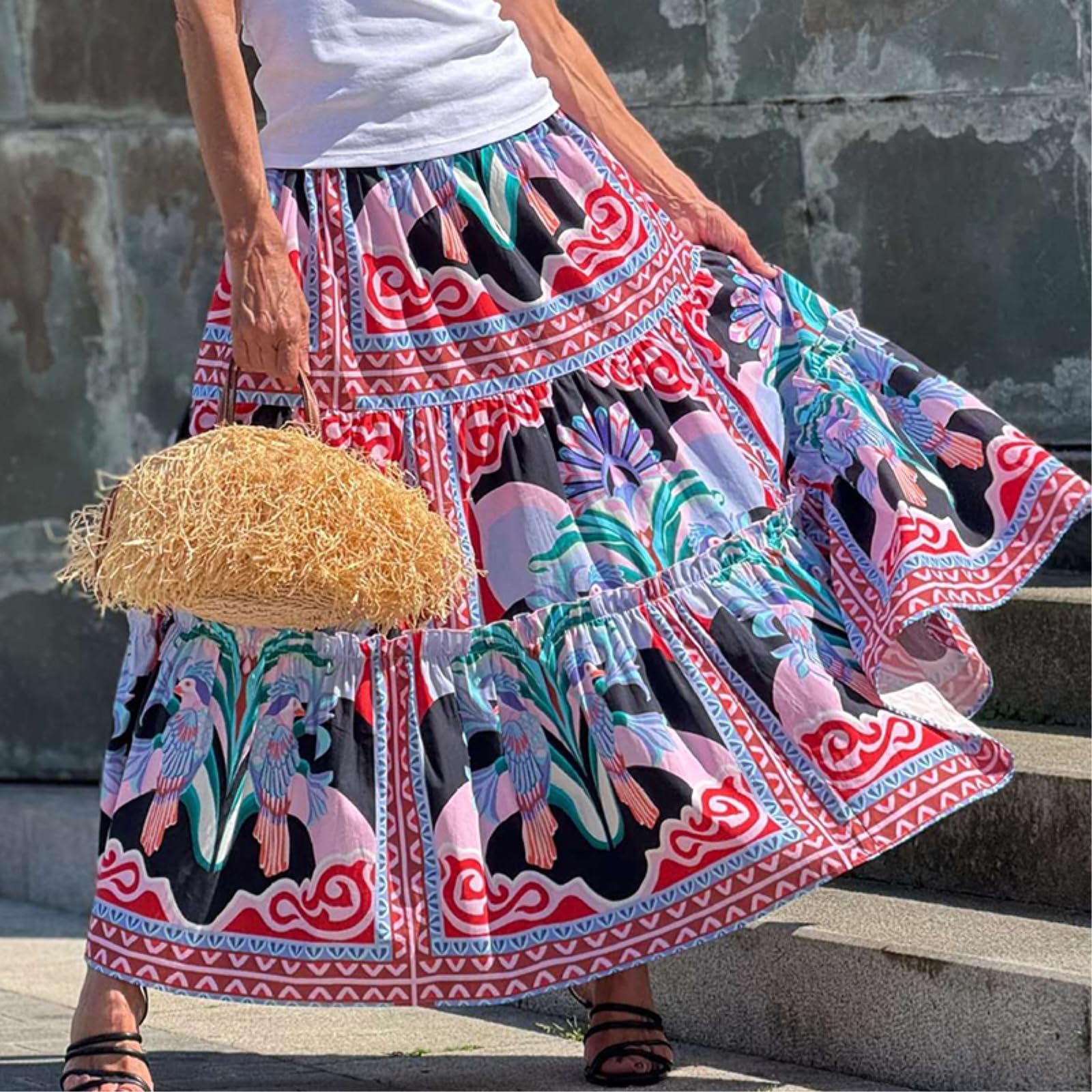 Minigonna Donna Boho Stampa Maxi Gonna Alta Vita A Livelli Ruffle Beach Vacanze, Traspirante Lunga Linea-Pink Print-s