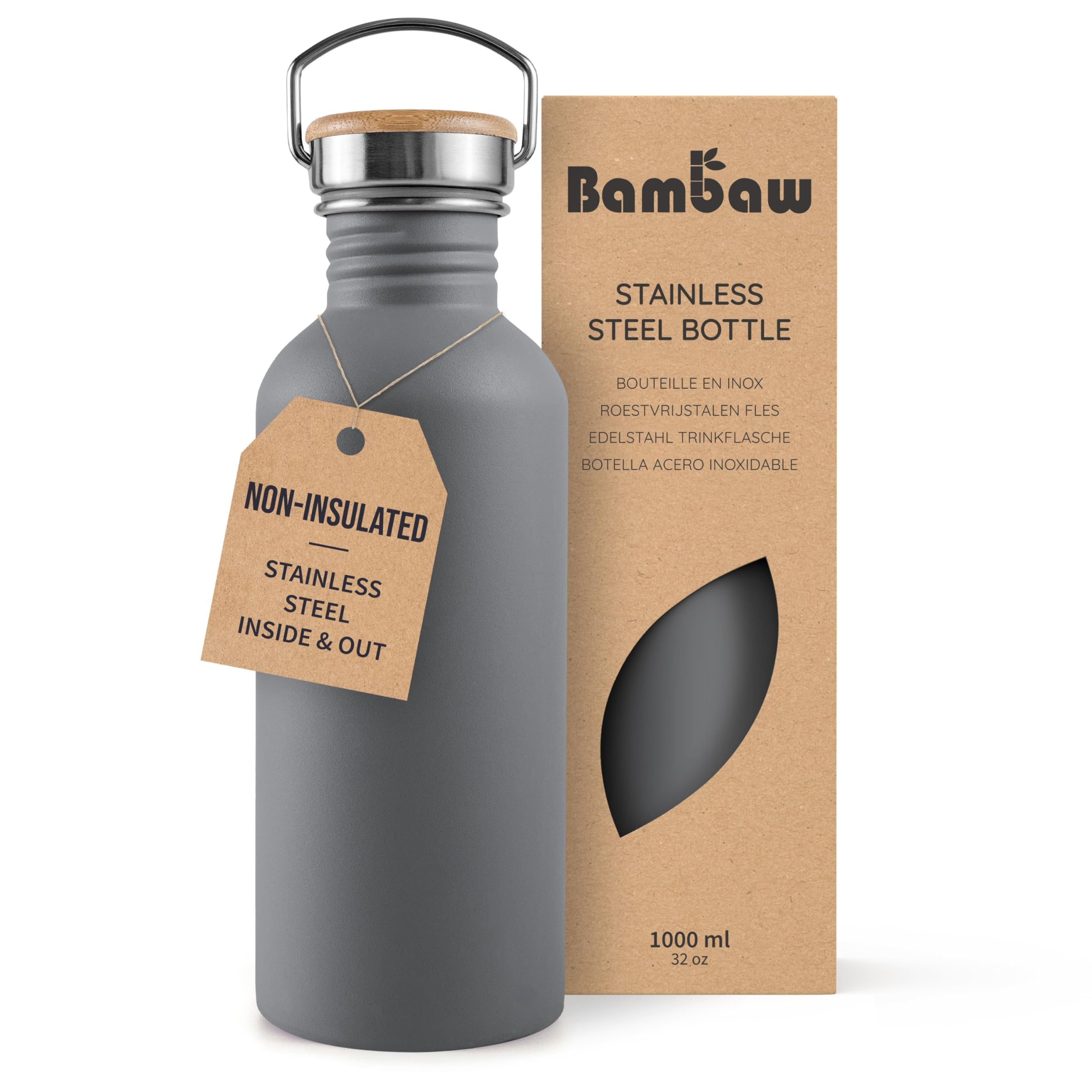 Bambaw Non-insulated 32 oz Water Bottle, Gray Metal Water Bottle, Single Walled Stainless Steel Water Bottle, Reusable Water Bottle, Portable Water Bottle, BPA Free Water Bottle 32oz – Stormy Gray