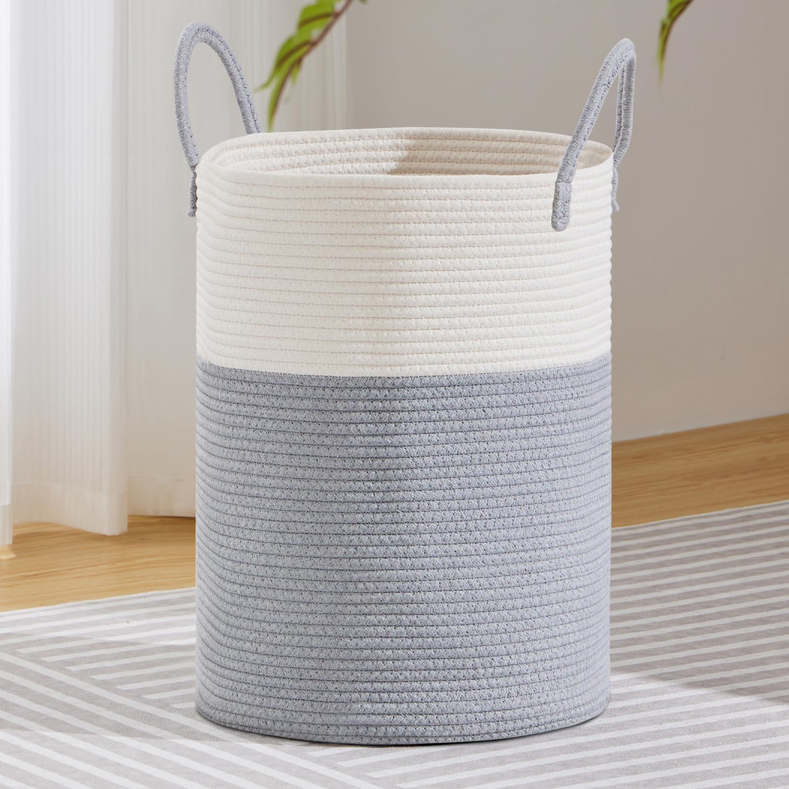 VIPOSCO Large Laundry Hamper, Tall Woven Rope Storage Basket for Blanket, Toys, Dirty Clothes in Living Room, Bathroom, Bedroom - 100L Grey & White