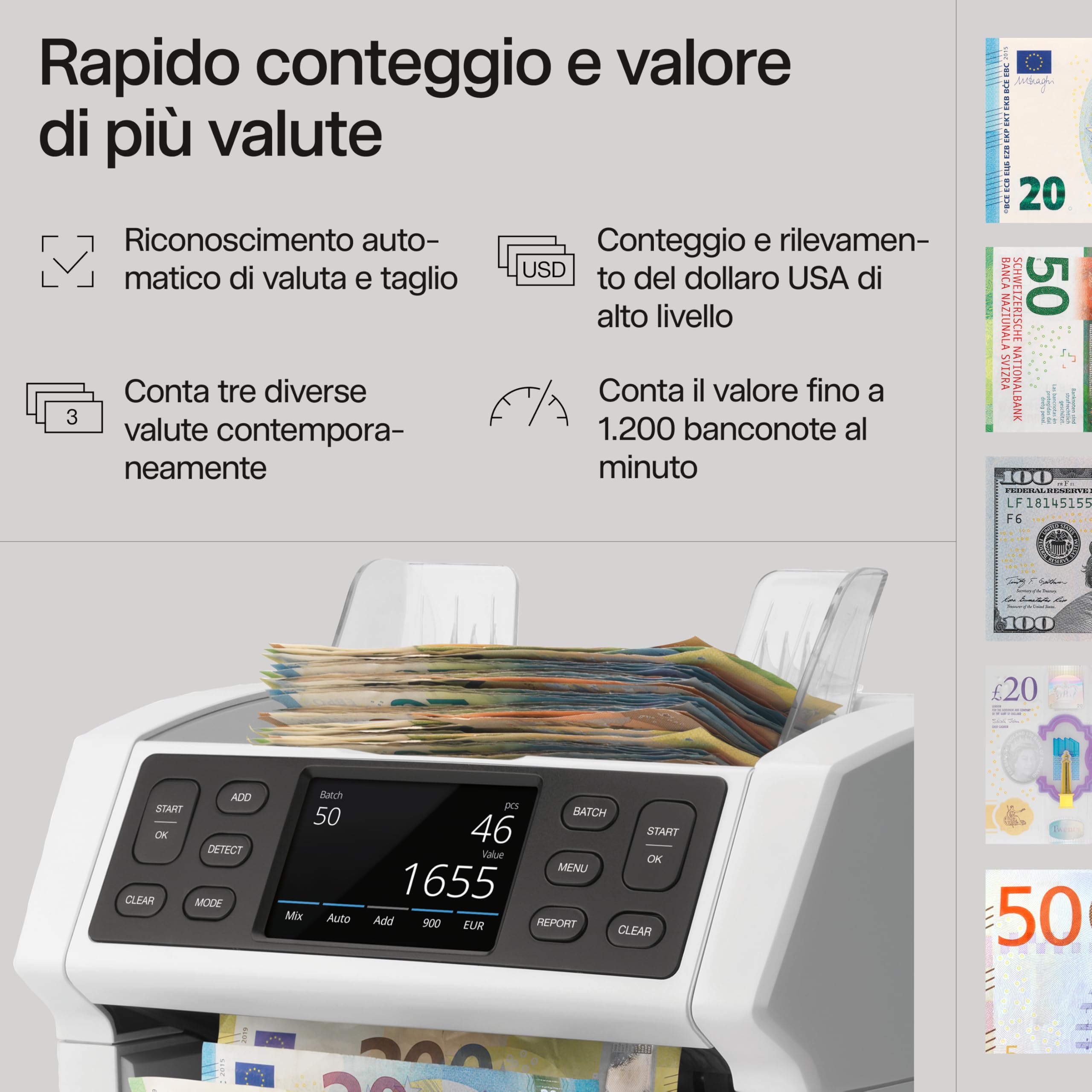 Safescan, Contadenaro Safescan 2885-S conta banconote miste, compresi gli USD - Contadenaro con rilevatore di denaro falso a 7 punti - Contadenaro con interfaccia multilingue