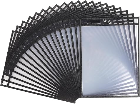 20 Pack Dry Erase Pockets Sleeves with Rings, 10 x 14 Inch Ticket Holders Clear Plastic Sheet Protectors for Teacher Classroom Supplies, Black