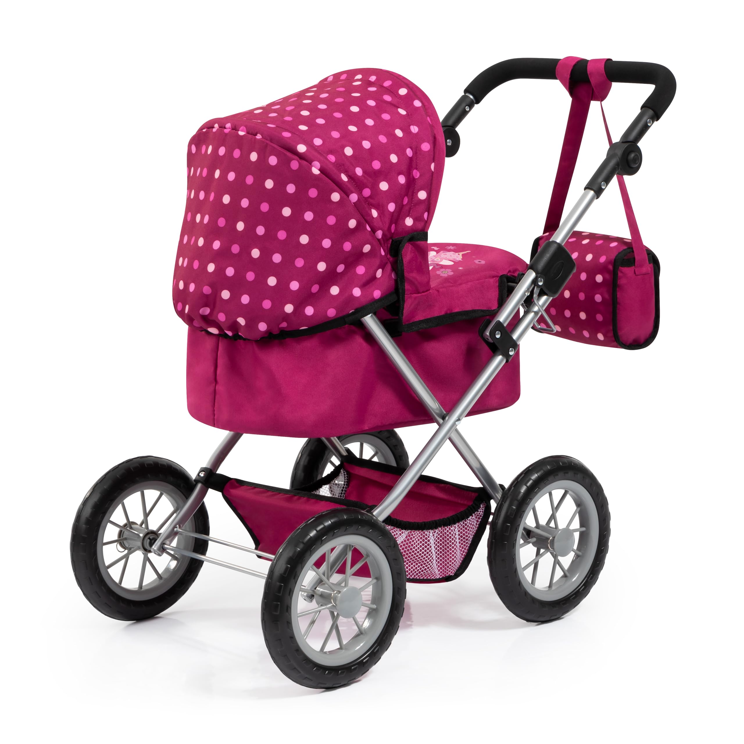 Bayer Design 13067AA Dolls Pram Trendy with Shoulder Bag and Underneath Shopping Basket, Bordeaux, Red with Pattern