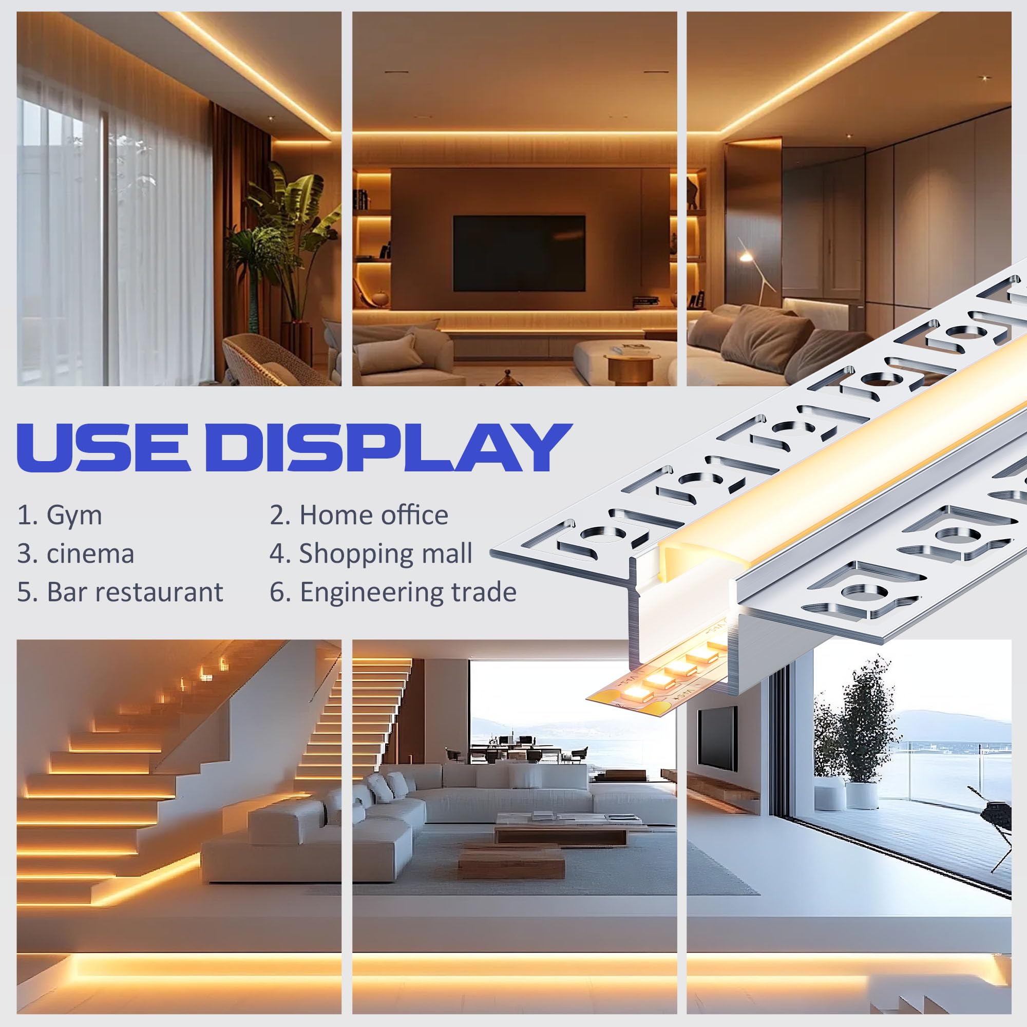 6 x profil LED do suchej zabudowy 2 m, szyna LED 2 m, profil aluminiowy, szyna podtynkowa i dyfuzor natynkowy do oświetlenia pośredniego sufitu