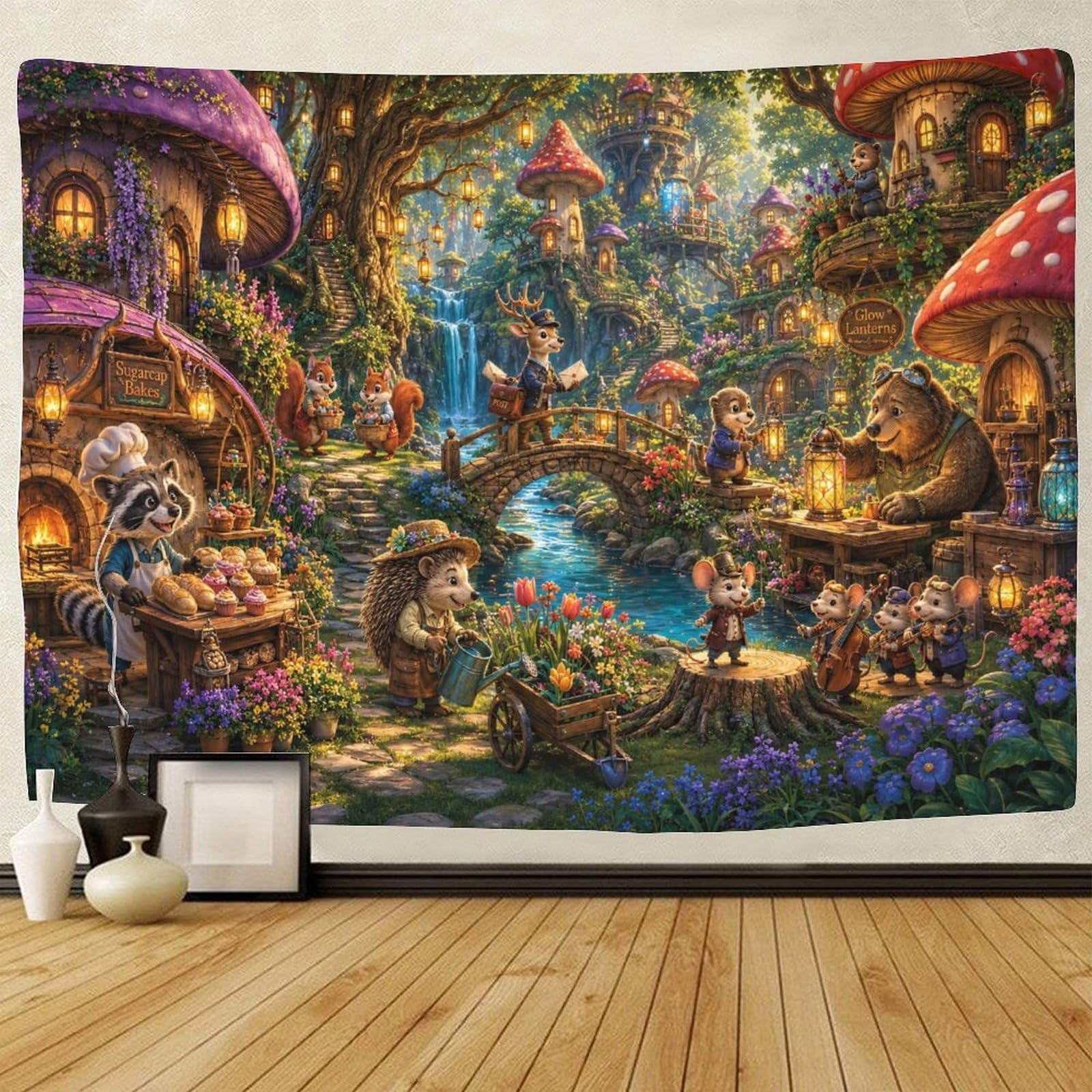 GPMNBCXZK Mushroom Village Animals 3D Print Wall Hanging Decor Tapestry Wall Art Decor Tapestries Poster Home Decoration Bedroom Dorm 130cmx150cm