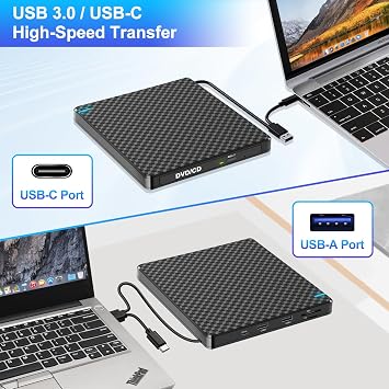 Guamar 外付けCD DVDドライブ:スリムポータブルUSB-Cバーナー ノートパソコン PC MacBook Mac Windows 11/10用 SD/TFスロット/2USBポート付き 高速データ転送 - プラグアンドプレイブラック