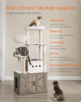 Feandrea Cat Tree, 66.9-Inch Cat Tower with Litter Box Enclosure, Large Condo with Food Station, Storage, Scratching Posts, Cave, Hammock, Washable Cushions, Heather Greige UPCT169K02