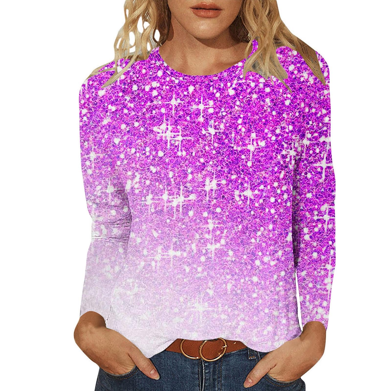 Womens Sequin Tops Casual Long Sleeve Shirts 3D Print Graphic Tee Tunic Top Winter Fall Fashion 2025 Spring Clothes