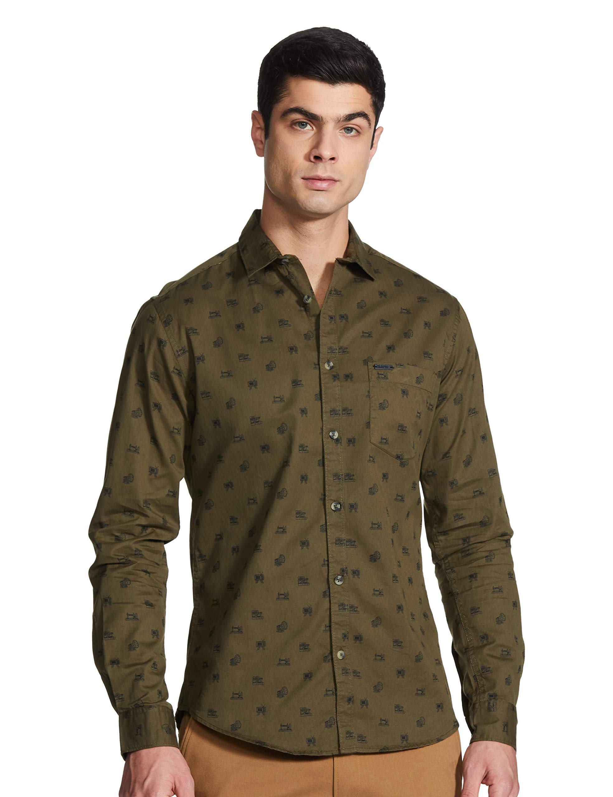 The Indian Garage Co Adult Men's Checkered Slim Fit Shirt (0620-SH47-02_Olive_Green S)