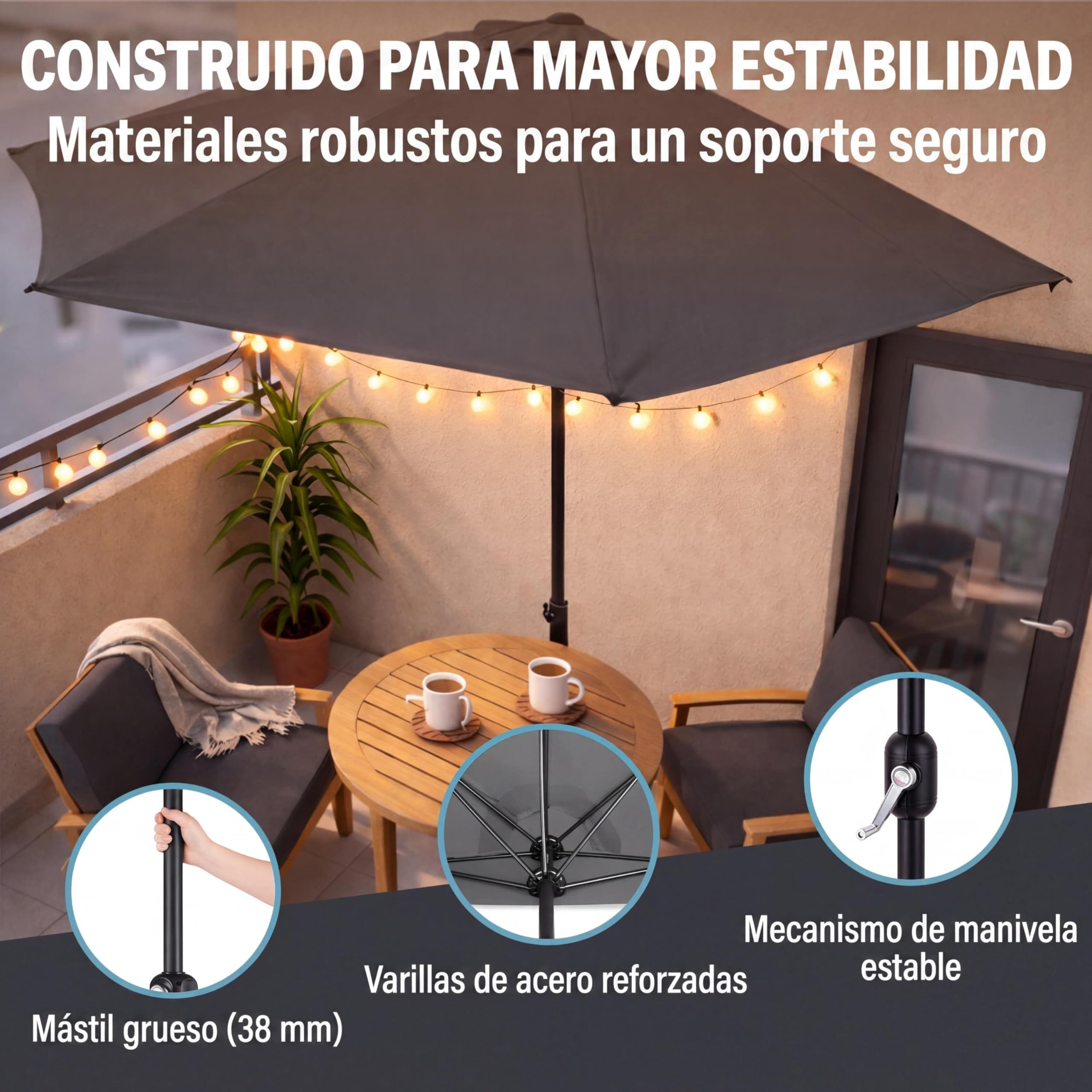 Kingsleeve Sombrilla Jardín 2,7m Semicircular UV80+ Manivela Antracita | Parasol, Estructura Acero, Resistente Intemperie, Apertura Suave, Funda Protectora, Repelente Agua, Terraza, Balcón, Verano