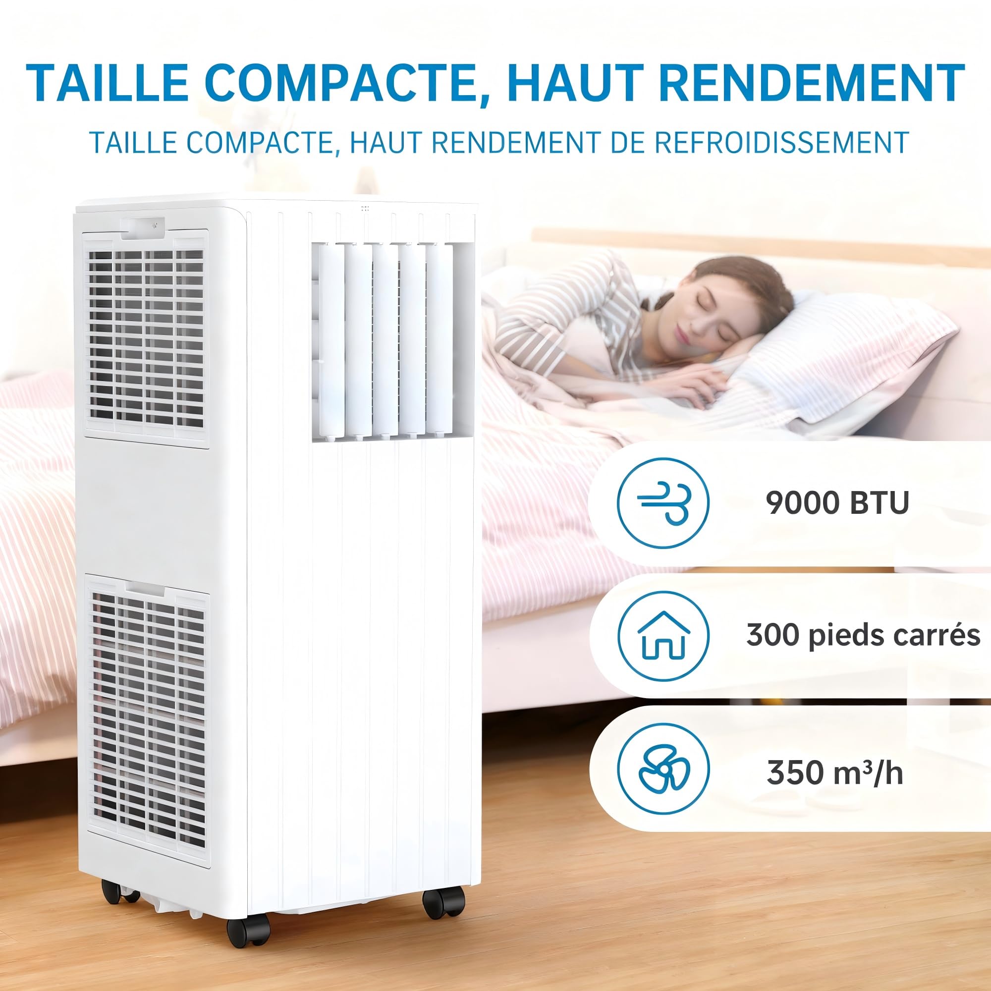 Garvee Climatiseur Portable 9000 BTU pour Pièces jusqu’à 26 m², 3 en 1 Refroidissement Déshumidification Ventilation, Double Tube, Silencieux ≤52 dB, Minuterie 24h, Télécommande Incluse