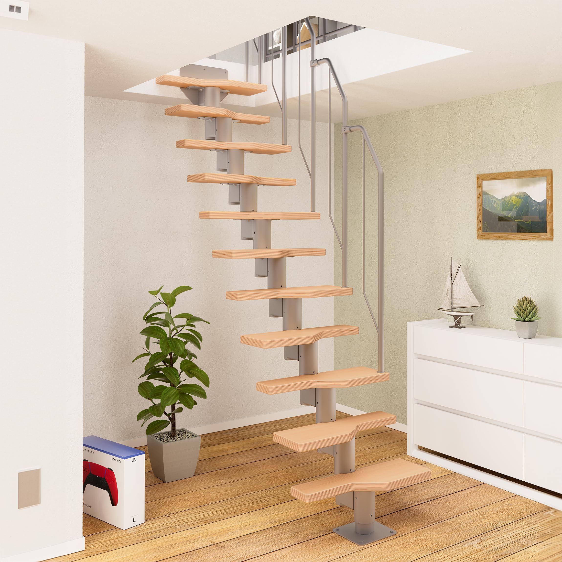 DOLLE Treppe innen mit Geländer, 222–276 cm, 58 cm breit, Buche-Deckfurnier | Raumspartreppe mit versetzten Multiplexstufen, Unterkonstruktion silbergrau, gerade bis ¼-gewendelt, max. 160 cm Ausladung