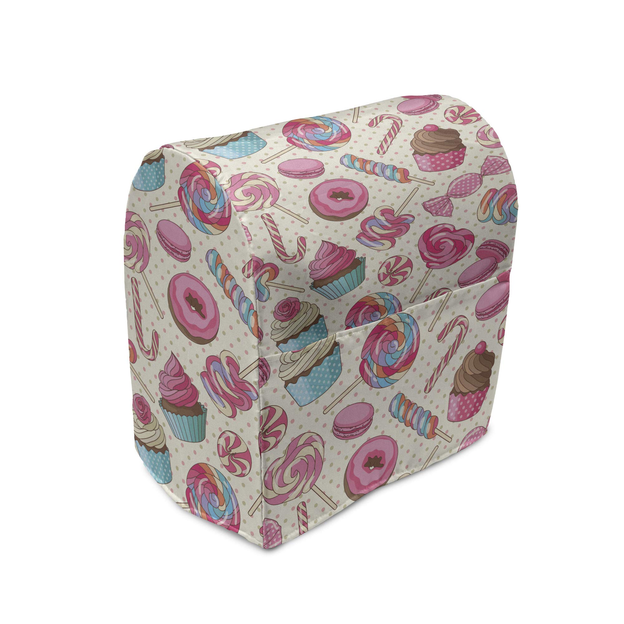 Ambesonne Candy Cane Stand Mixer Cover, Yummy Lollipop Candy Macaroon Cupcake and Donut on Polka Dots Pattern, Kitchen Appliance Organizer Bag Cover with a Pocket, 6-8 Quarts, Multicolor