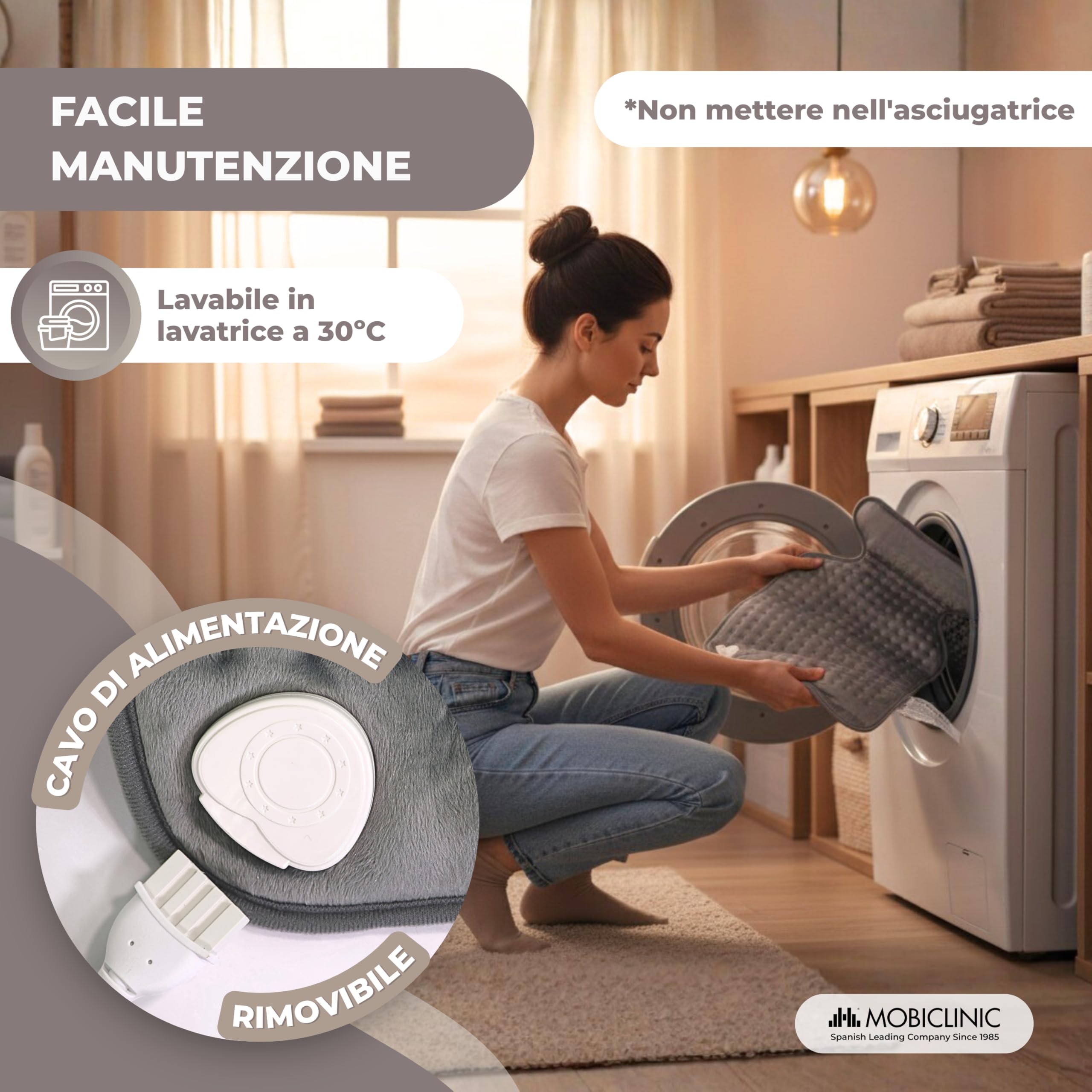 Mobiclinic®, Termoforo elettrico, Cuscino termico per collo e spalle, Basso consumo, 3 livelli di calore, Spegnimento automatico, Zona lombare cervicale, Lavabile, 62x43