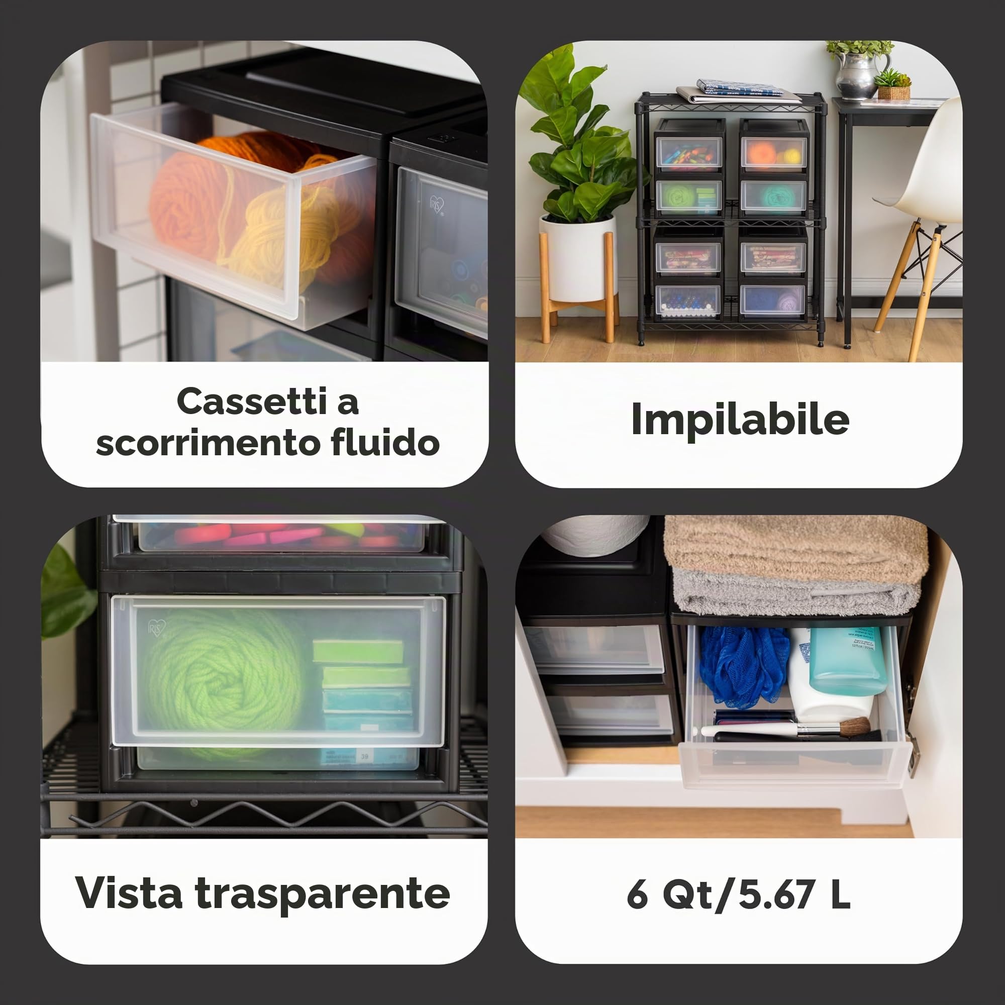 Iris Ohyama, Cassetto di stoccaggio, Torre di stoccaggio in plastica per ufficio, Set di 4, MSD-1, nero