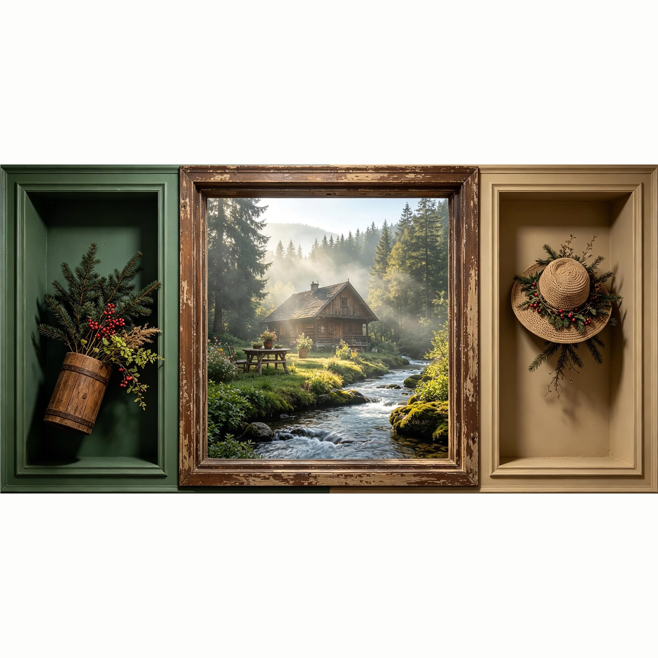 QZLITHOTIC 50x100cm 3D Framed Wall Art， Misty Forest Cabin Creek Landscape Farmhouse Self‑Adhesive Mural， Water‑Activated Peel & Stick Fabric Decor Wall Decal for Bedroom Living Room