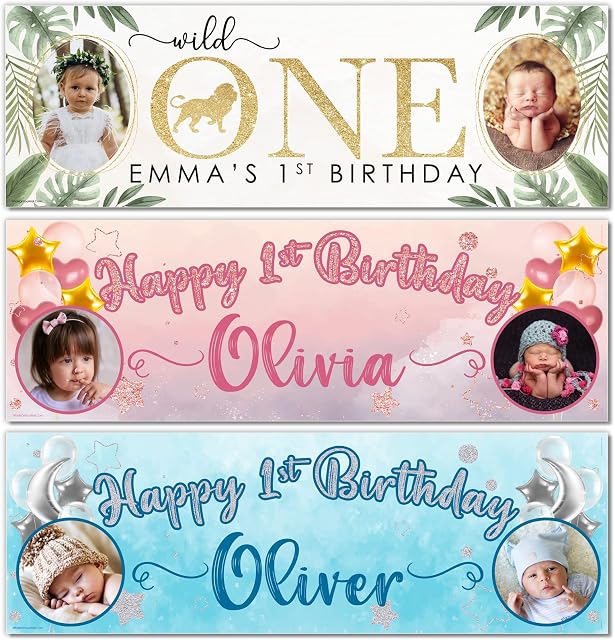 WhatsOnYourWall Small Banner 2 x 3ft Personalised 1st Happy Birthday Photo Banner 1st Birthday Decorations for Girls First Birthday Decorations Girl 1st Birthday Banner Girl Pink