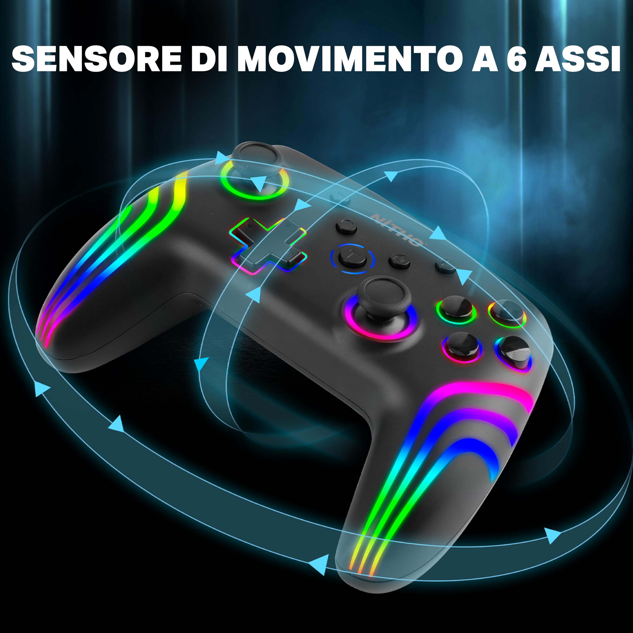 NITHO NEXUS DARK OPS Wireless Controller Compatibile con Switch/Switch 2/PC/Android/iOS, Gamepad con LED RGB, Trigger Effetto Hall, Giroscopico a 6 Assi, Turbo, Joystick Ergonomico - Nero