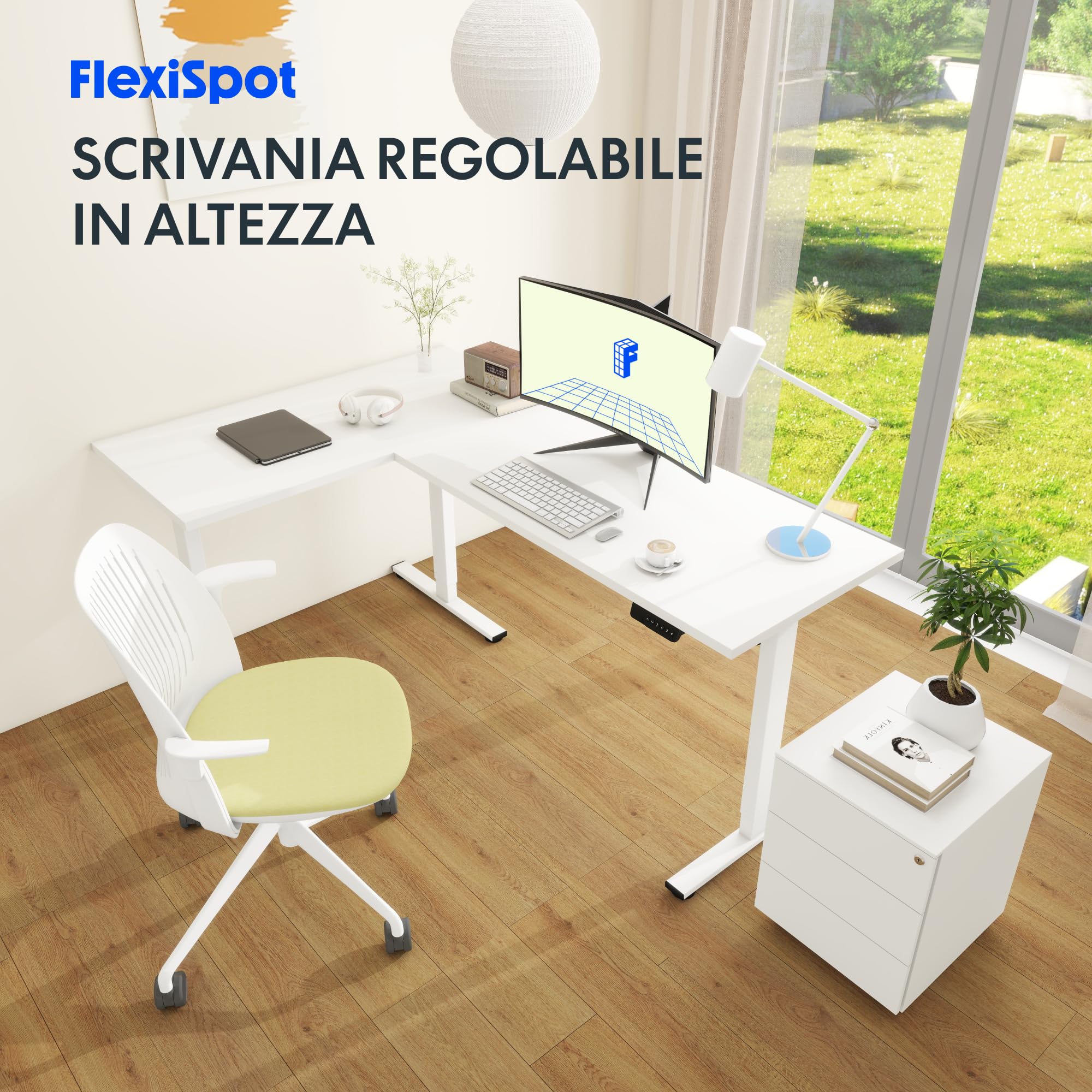 FLEXISPOT - Scrivania da ufficio angolare 180x120cm, tavolo a L con 3 piedi, scrivania elettrica regolabile in altezza con 4 pulsanti di memoria e sistema di sicurezza anti-collisione (Bianco)