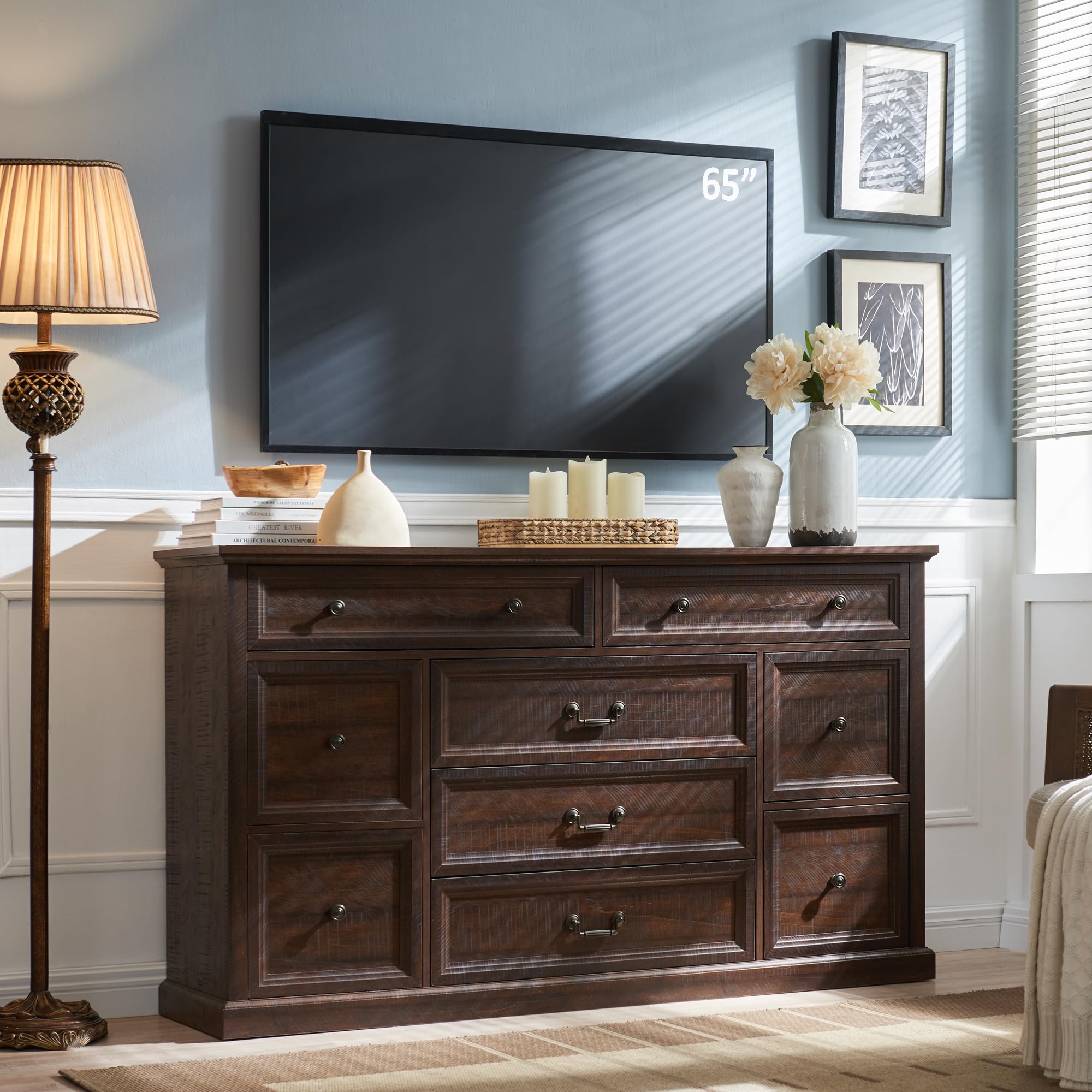 Farmhouse 9 Drawers Dresser for Bedroom, 60" Wide Wood Rustic Chest of Drawers, Large Storage Dressers Organizer for Bedroom, Living Room, Hallway, Dining Room, Brown