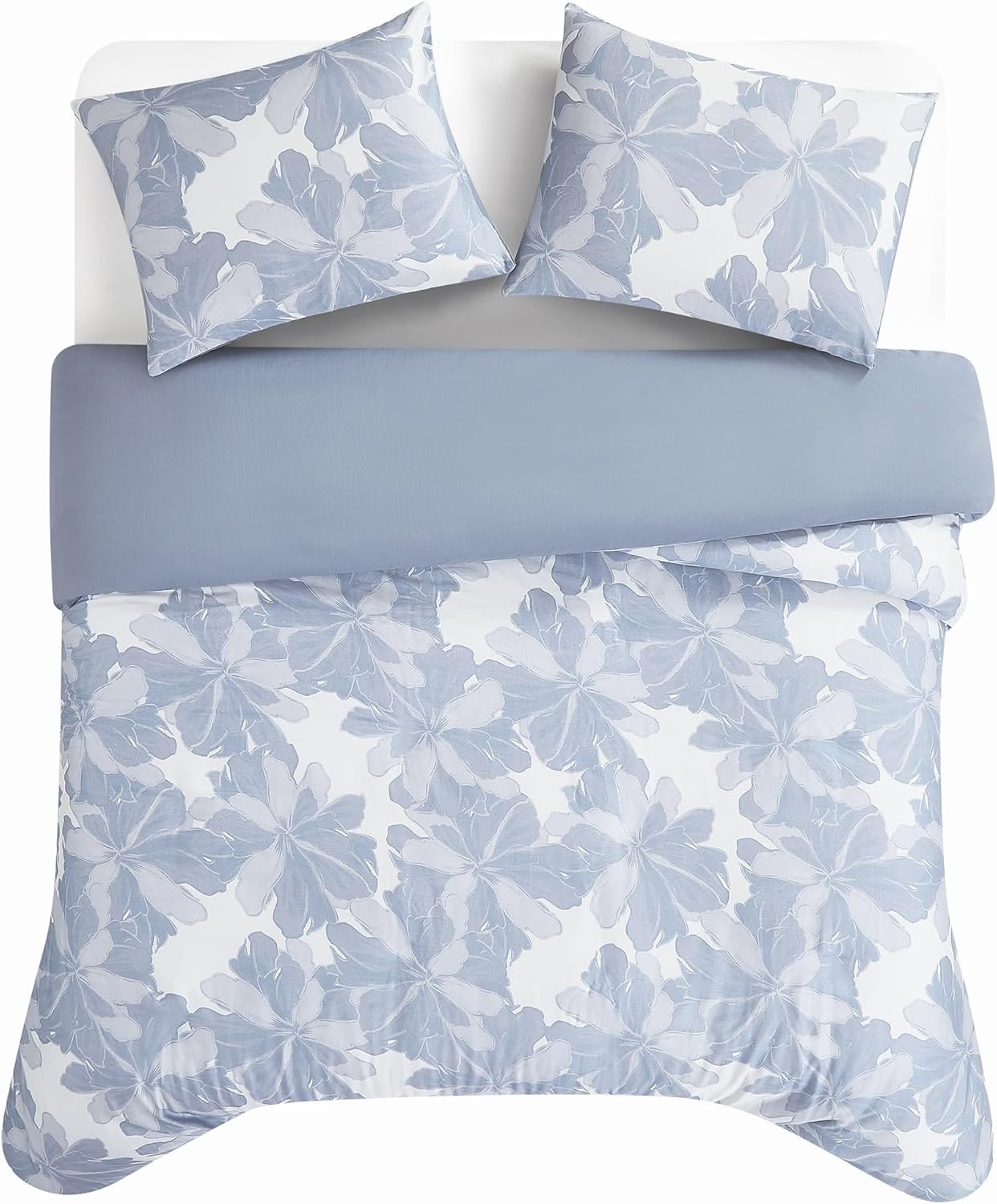 Vince Camuto Organic Floral 100% Cotton 3 Piece Full/Queen Comforter Set in Blue, All Season, Adult Size, Oeko-TEX Certified