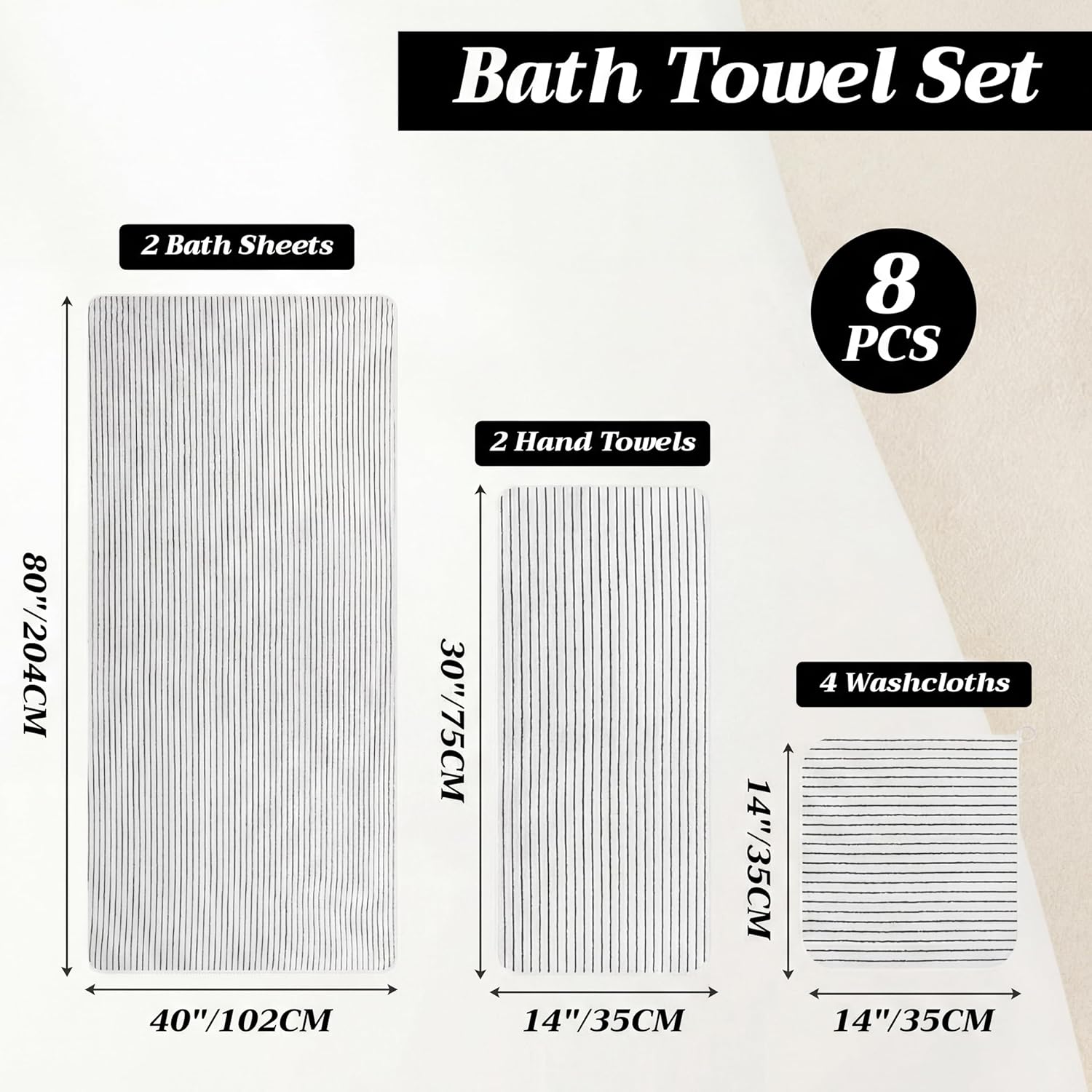 8 Pcs Oversized Bath Towels Set for Adults 40 x 80 Inches Extra Large Black & White Striped Bathroom Sheets Jumbo Shower Towel Quick Dry Absorbent Soft Microfiber for Hotel Bathroom