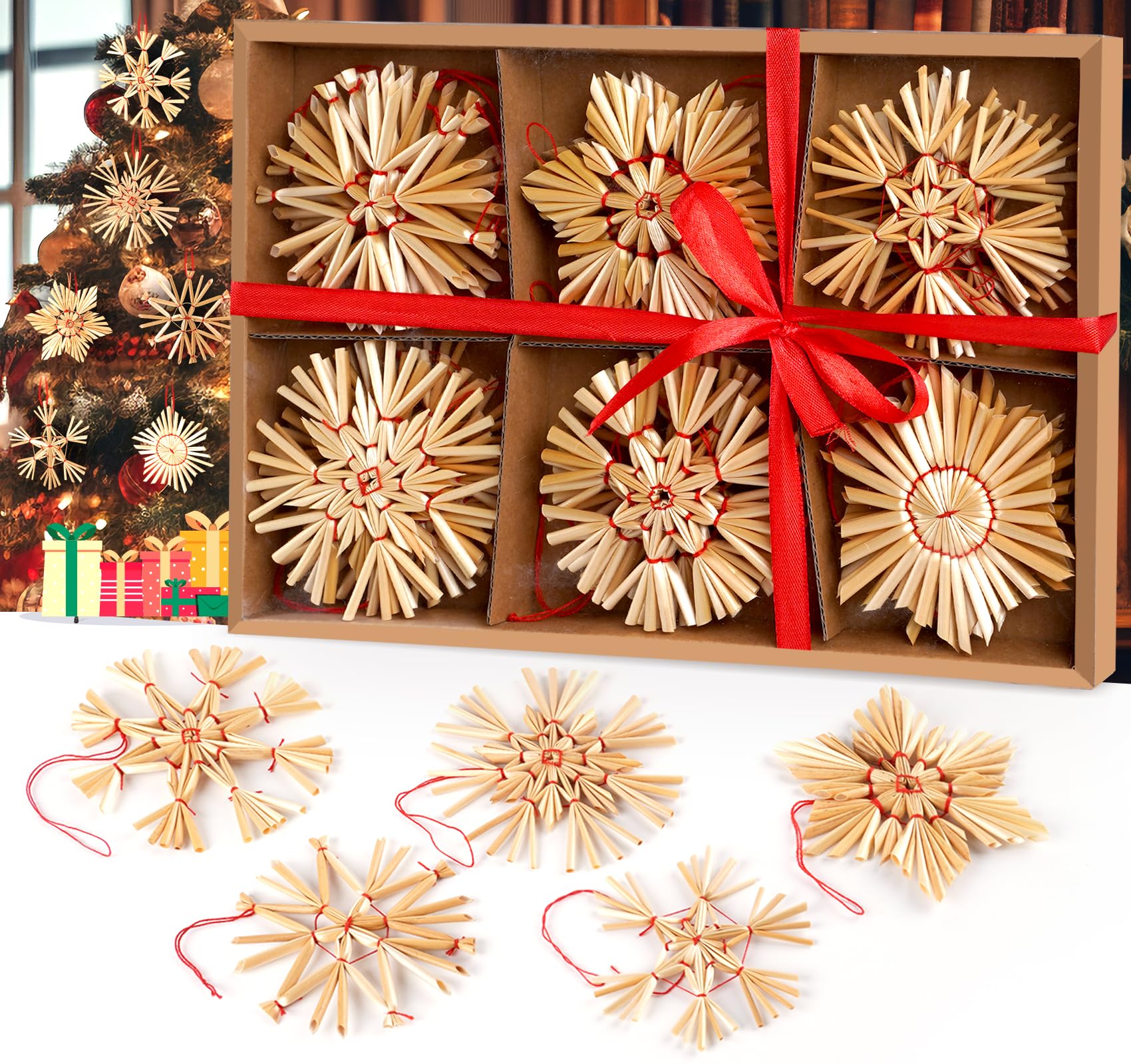24PCS Christmas Straw Ornaments, Nordic Straw Snowflake Hanging Pendants for Christmas Tree, Wreath, Garland, Scandinavian Christmas Snowflake Decorations (φ3.15')