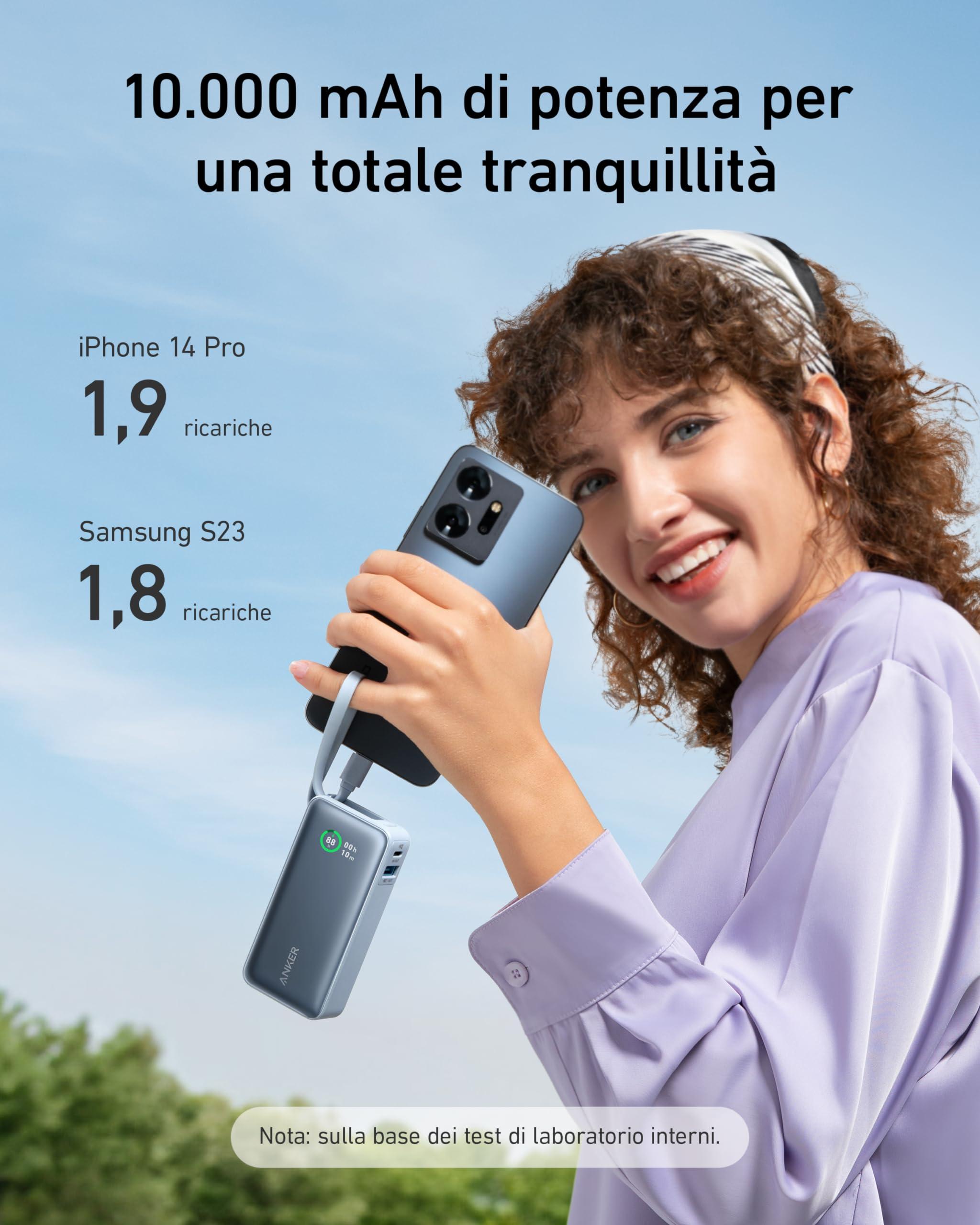 Anker Nano Power Bank Ricarica Rapida, 10.000 mAh, con cavo USB-C integrato, PD 30 W, potenza massima con 1 USB C,1 USB-A,compatibile con iPhone 15 serie, MacBook, Samsung, iPad e molto altro (Nero)