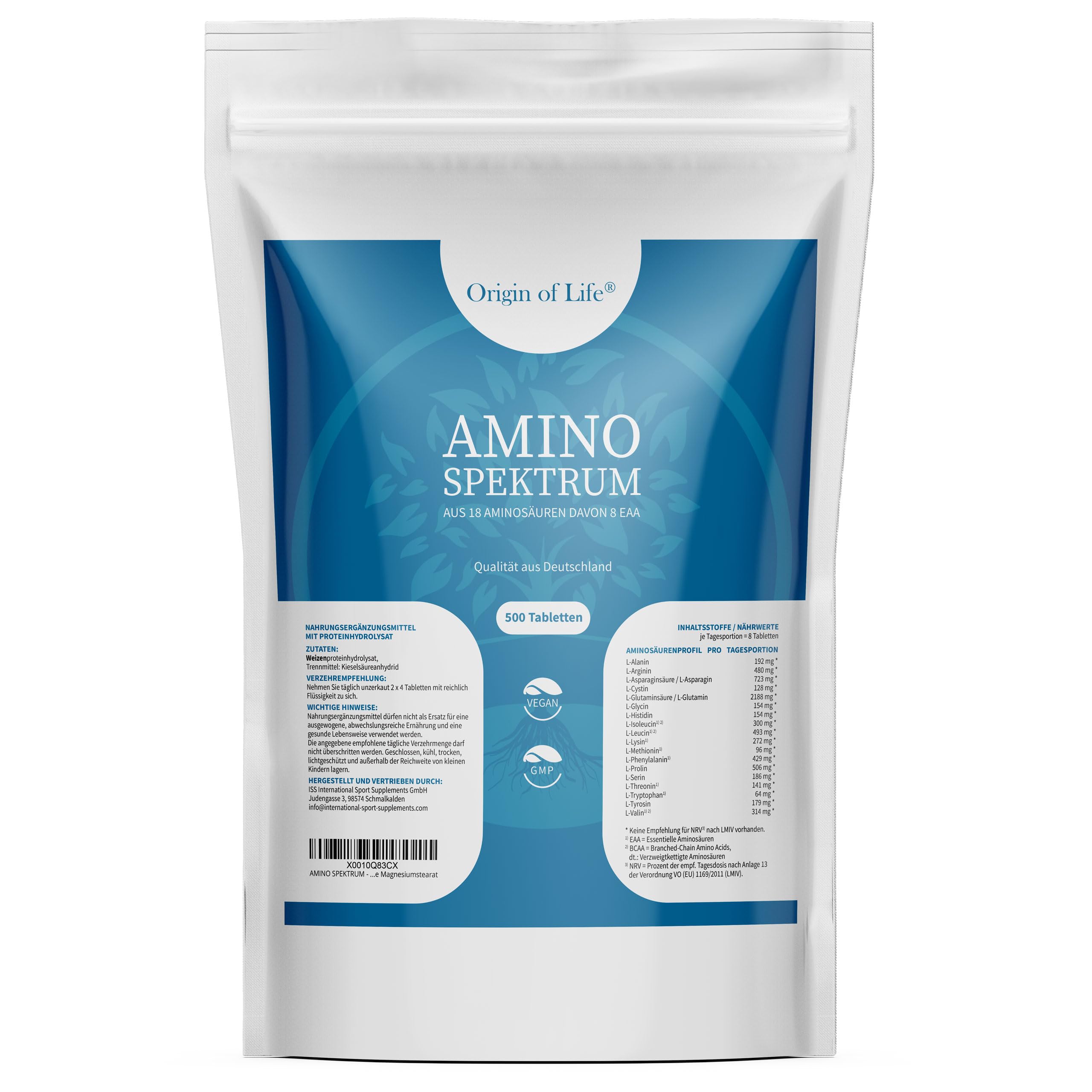 Amino Spektrum - 500 Tabletten a 1000mg - Hochdosiert & Vegan - Big Pack - 18 Aminosäuren inkl. 8 EAA´s & BCAA - Laborgeprüft - ohne Magnesiumstearat | Hochdosiert, laborgeprüft, ohne Magnesiumstearat, vegan
