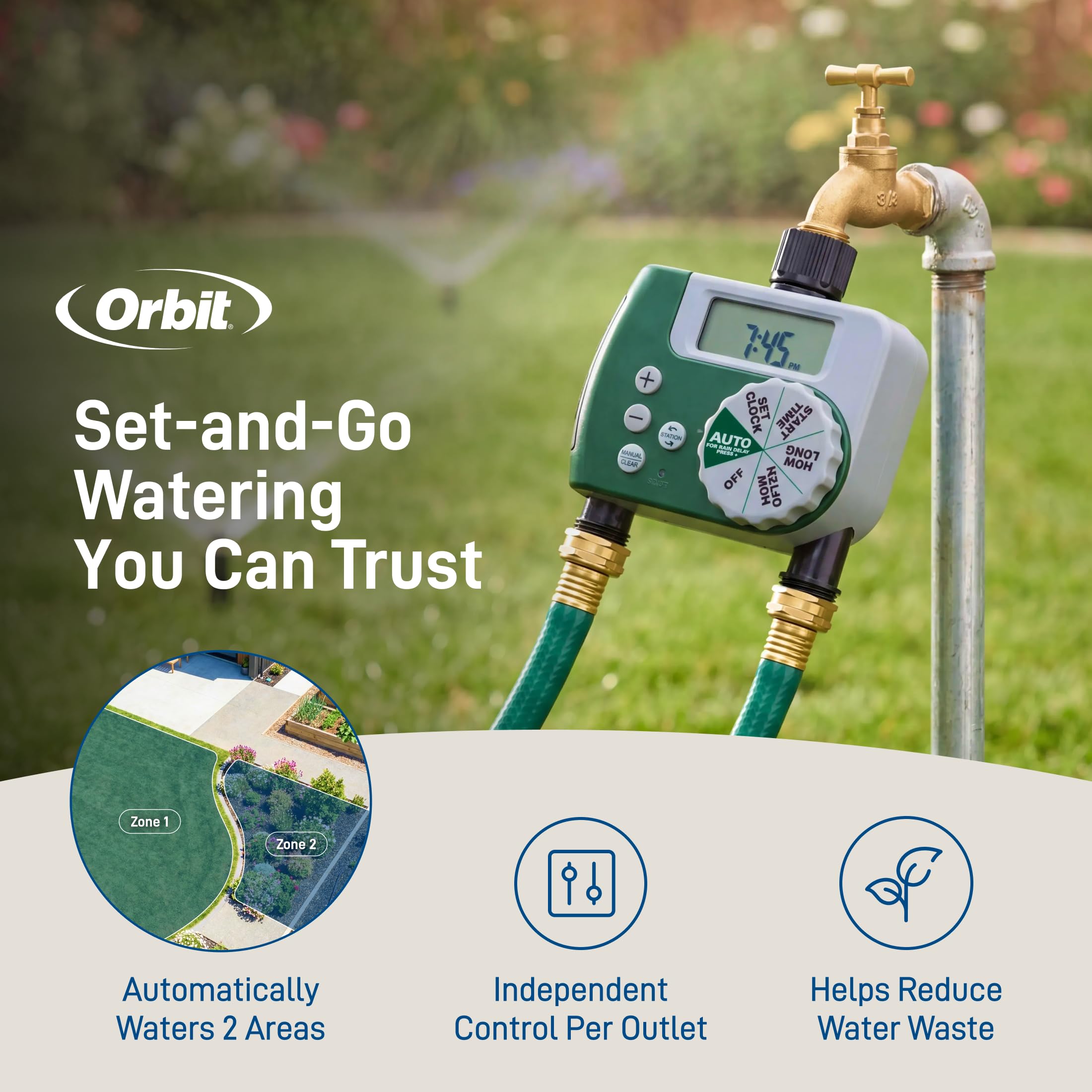 Orbit Minuteur de Robinet de Tuyau programmable 58910, 2 Sorties, Vert
