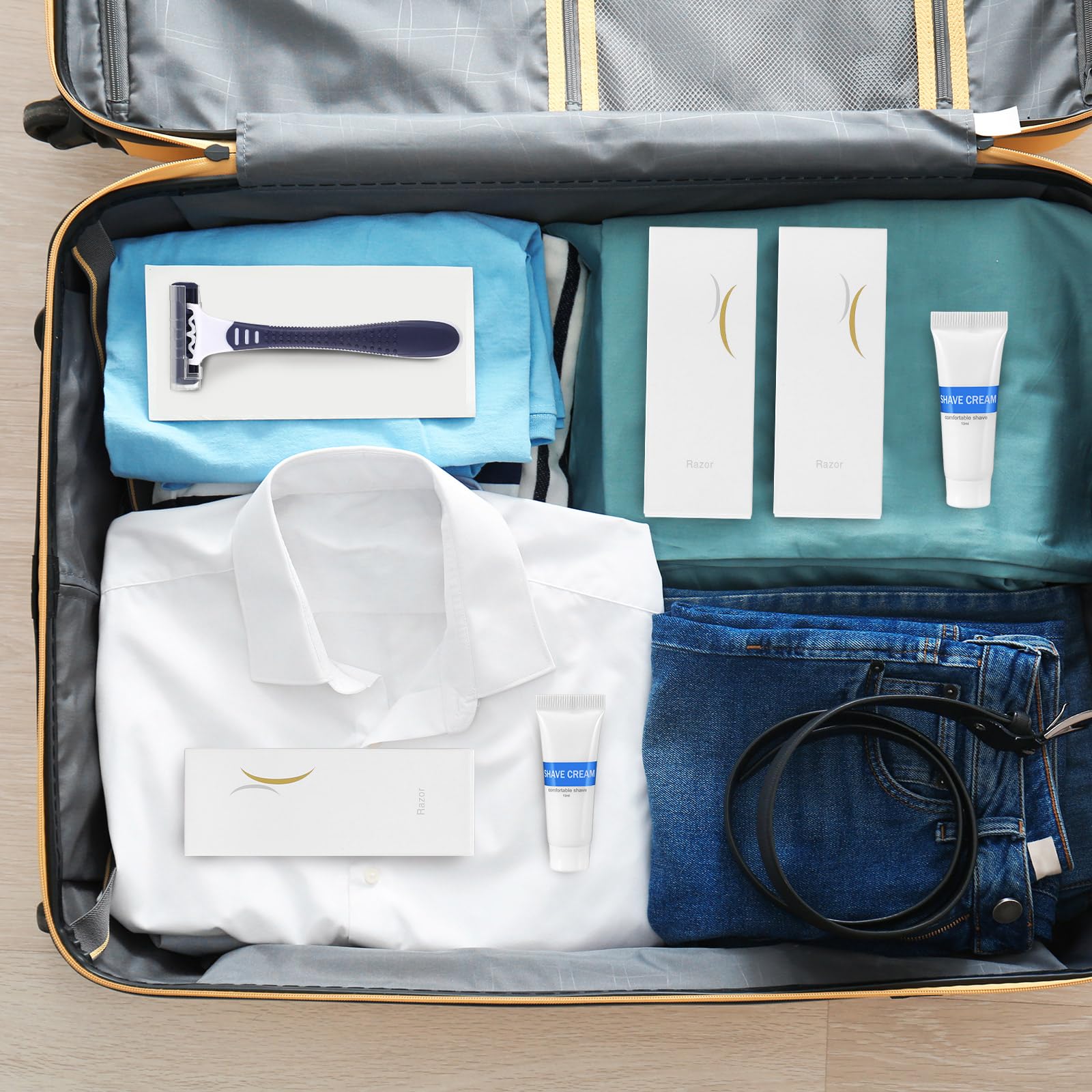 Hushee Kit da barba da viaggio, crema da barba usa e getta con doppia lama e crema confezionati singolarmente, rasoio liscio con cappuccio trasparente, articoli da toeletta per hotel, ripari