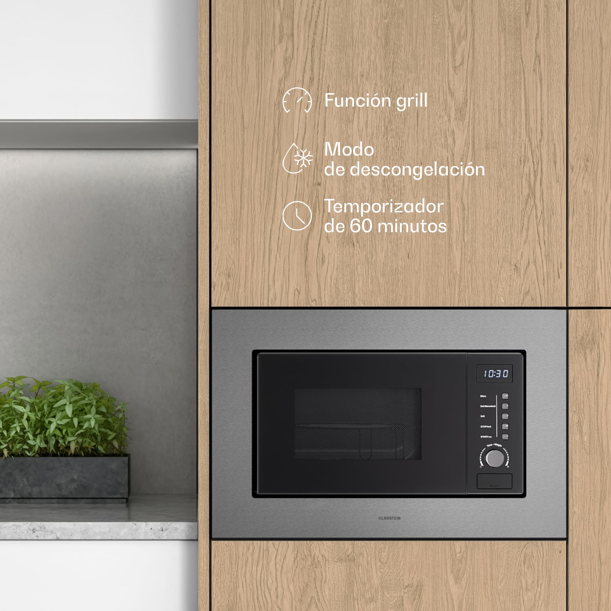 Klarstein Verosteel Microondas Empotrable con Grill – 20L, 700W, 8 Programas, Acero Inoxidable, Control Táctil, Microondas Integrable, Plato Giratorio 25,5cm, Acero Inoxidable