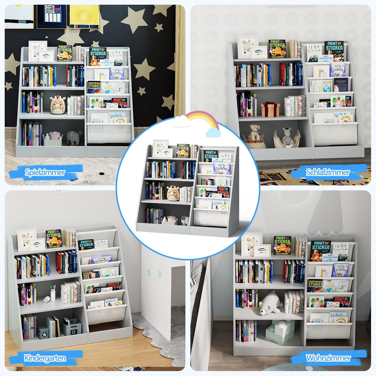 NACHES Kinderregal Bücherregal für Kinder, 90x40x80cm, mit 5 Ablage und 4 offenen Fächern, aus Holz, Spielzeugregal, Spielzeug-Organizer für Kinderzimmer, Wohnzimmer, Schlafzimmer (Grau)