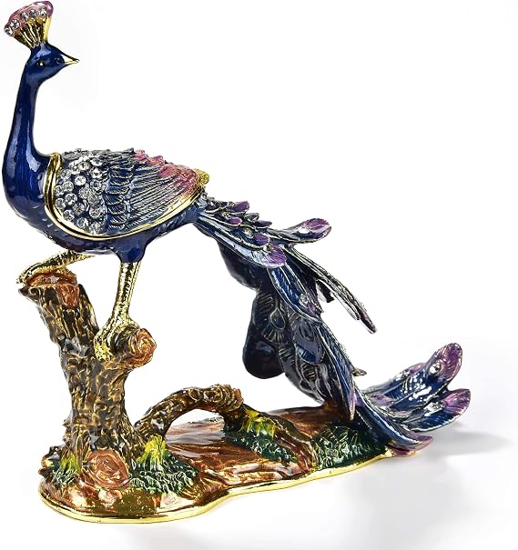 KALIFANO Peacock on Branch Jewelry Box/Stash with Element Crystals and Gemstones Made for Storage and Organization - Handmade Earring, Necklace, and Ring Box (Collectible Oranament)