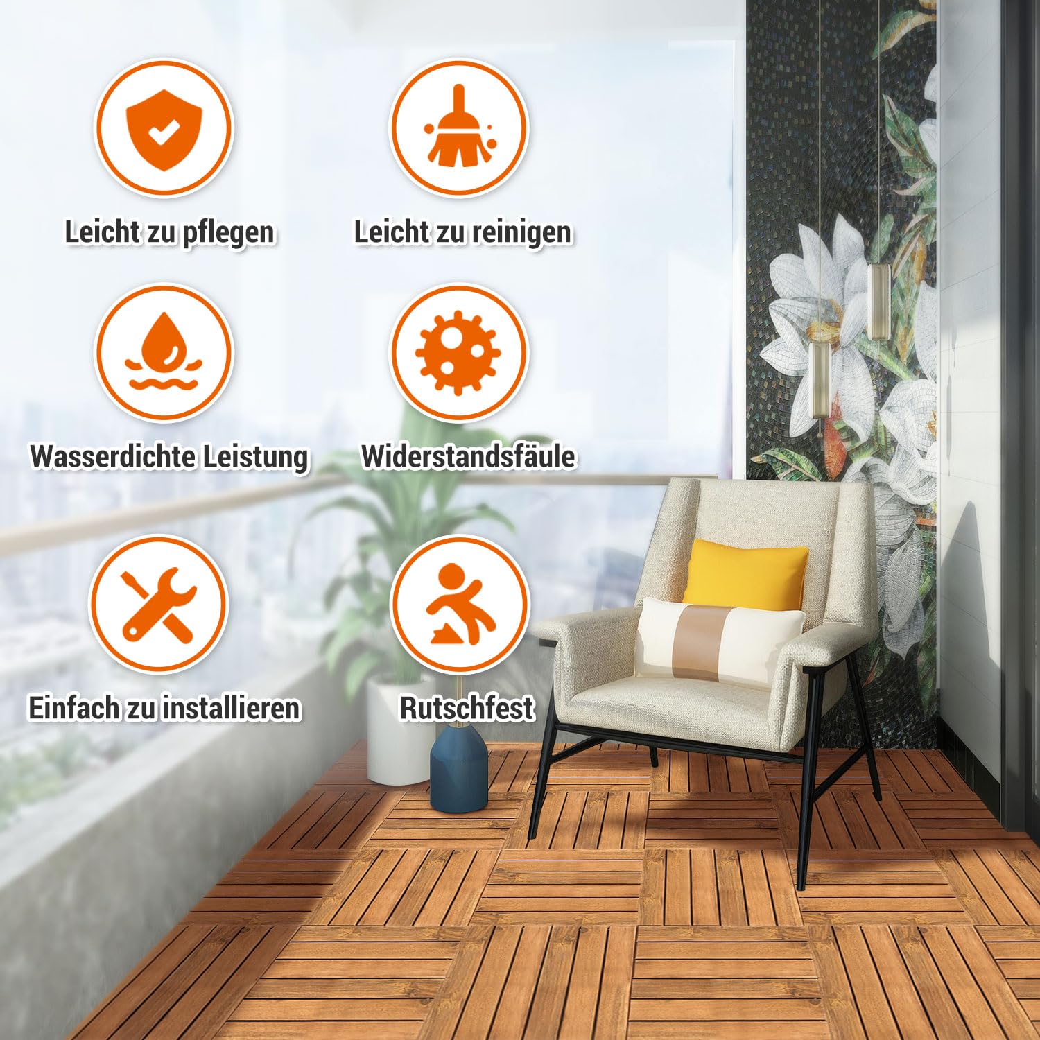 Baldosas de madera para terrazas 10m², baldosas de madera de acacia, resistentes a la intemperie, fáciles de instalar, suelo para terrazas y balcones 30 x 30 cm (6 listones | 110 piezas)